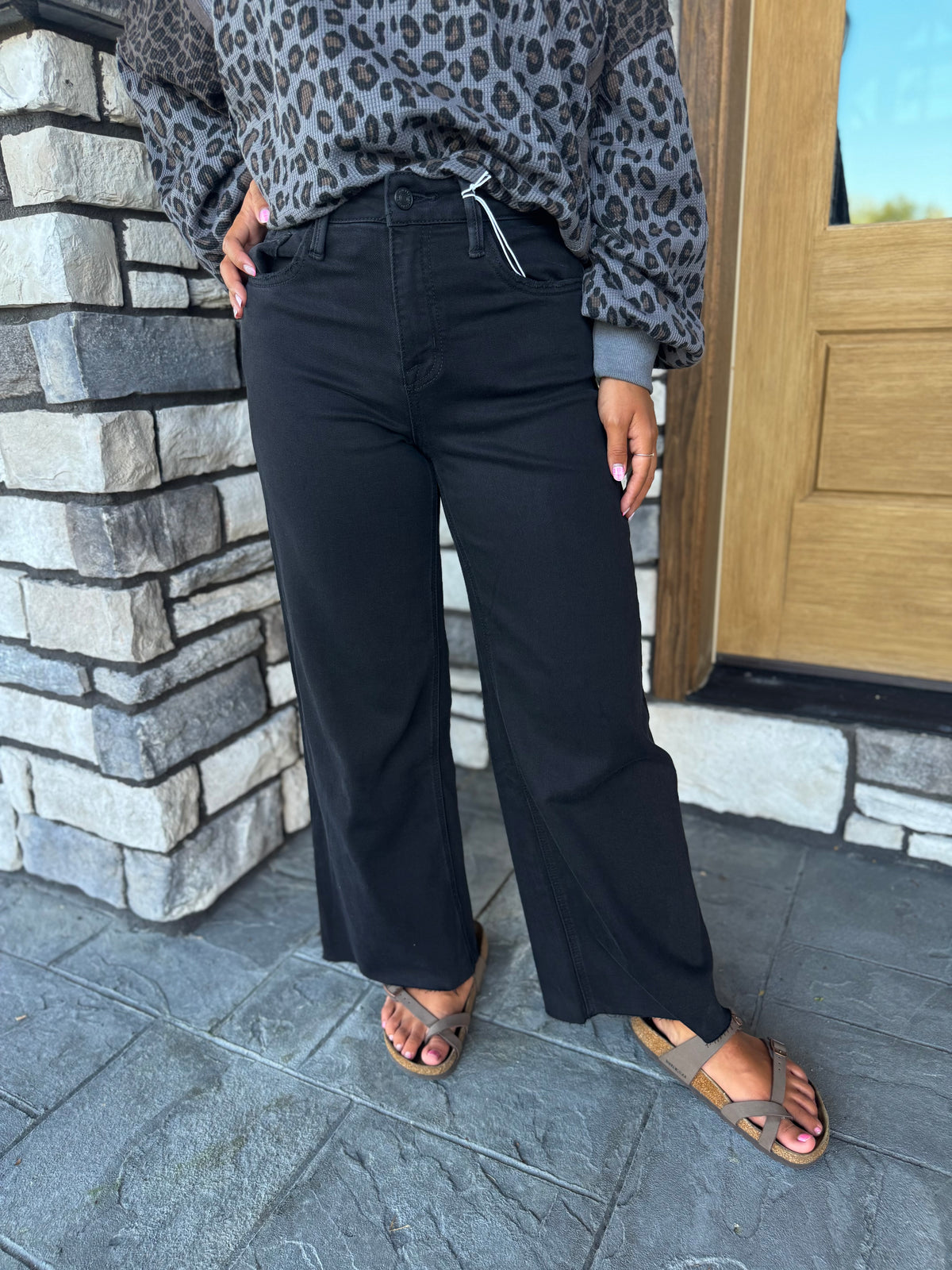 Black High Rise Raw Hem Cropped Wide Leg Jeans