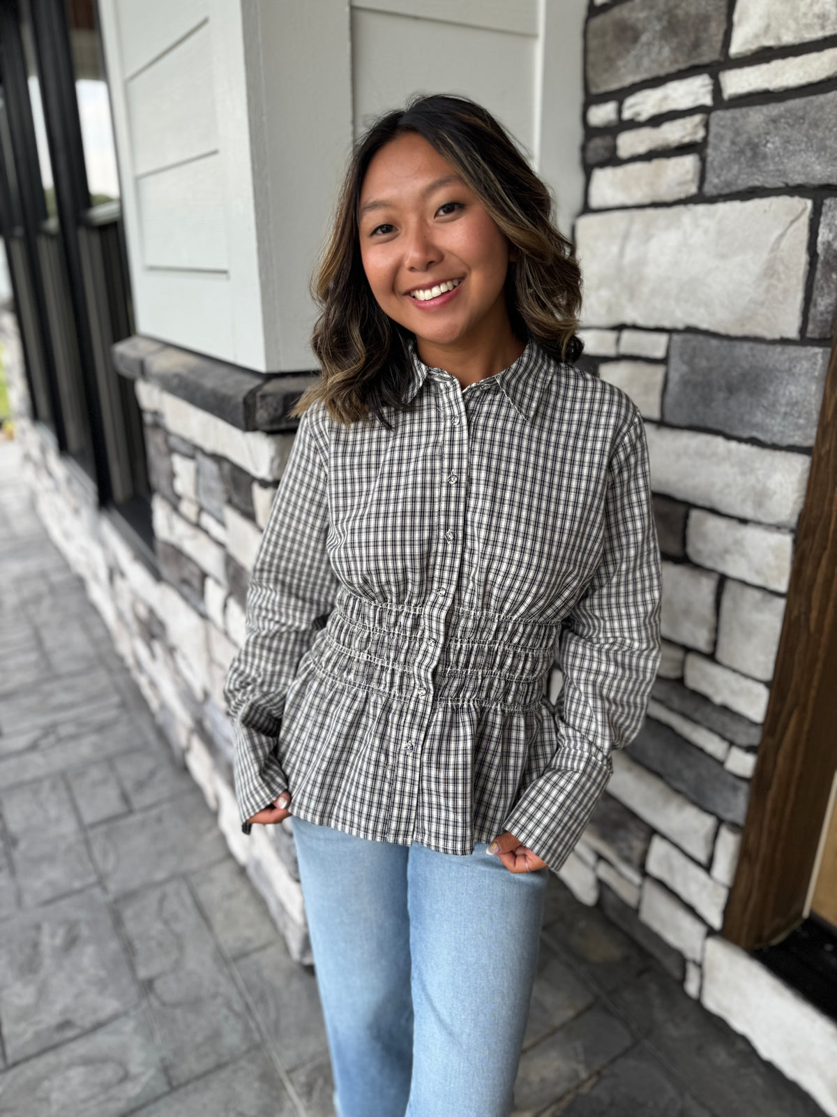 Stacy Black & White Plaid Shirred Waist Blouse