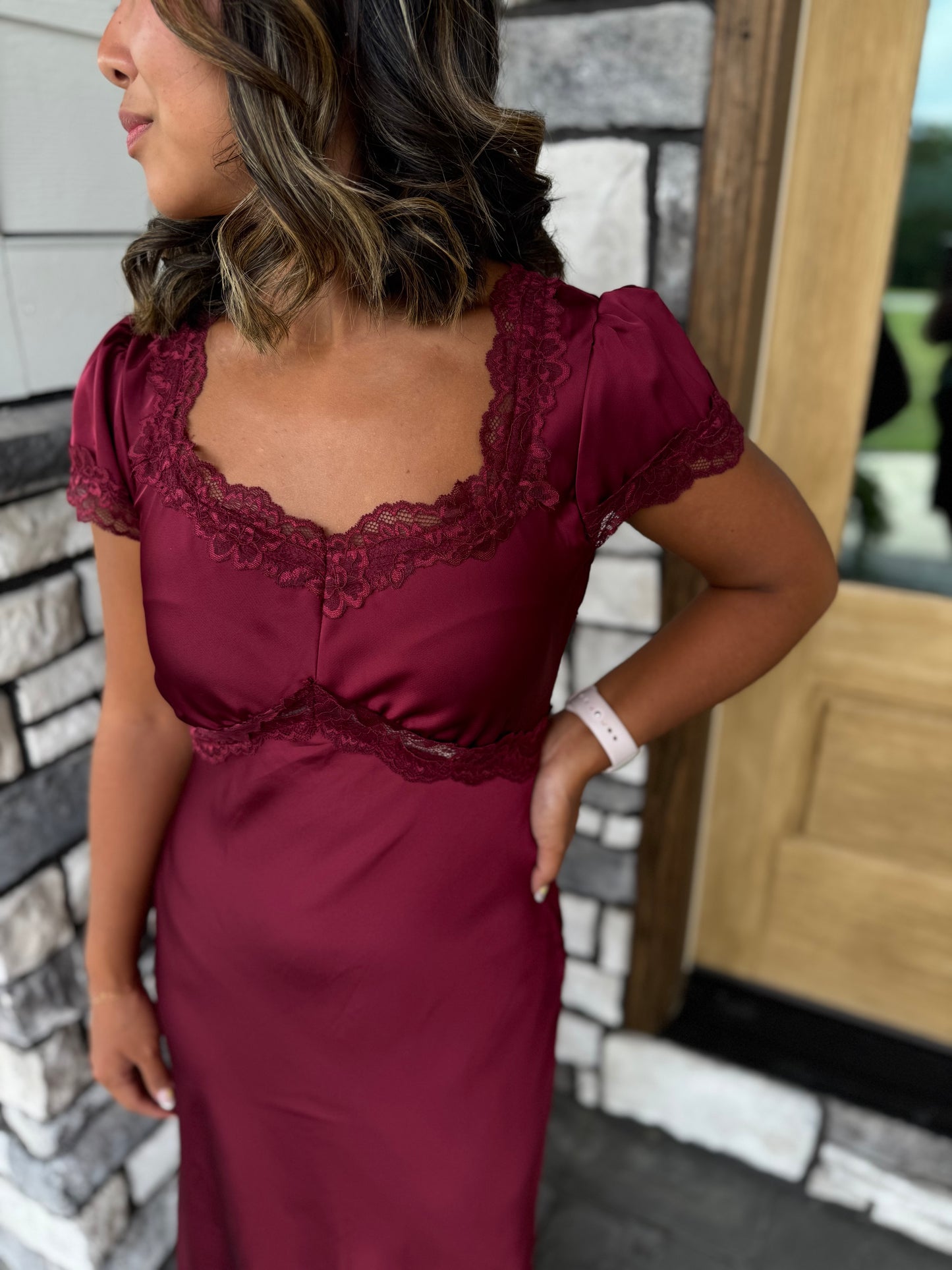 Ramona Burgundy Satin Lace Trim Detail Midi Dress