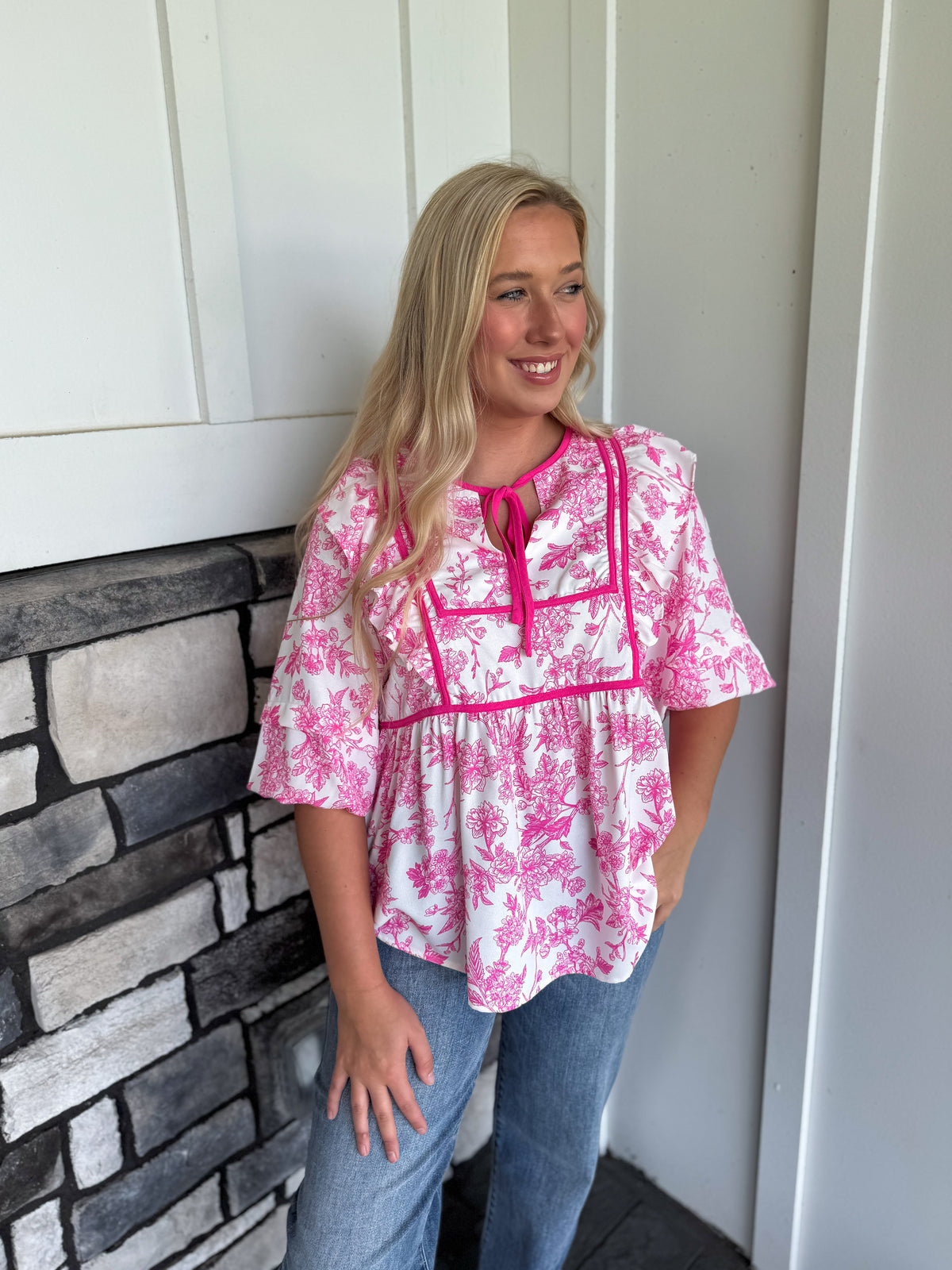 Wren Hot Pink & White Notched Neck Woven Top W/ Bow Tie