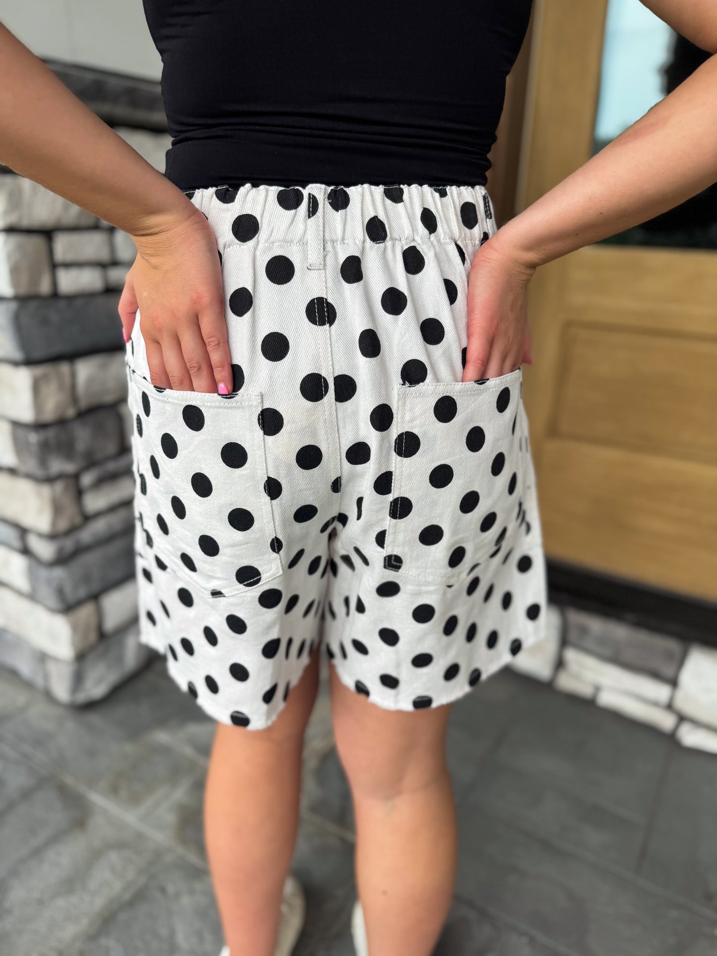Quinn White Drawstring Shorts W/ Black Polka Dots