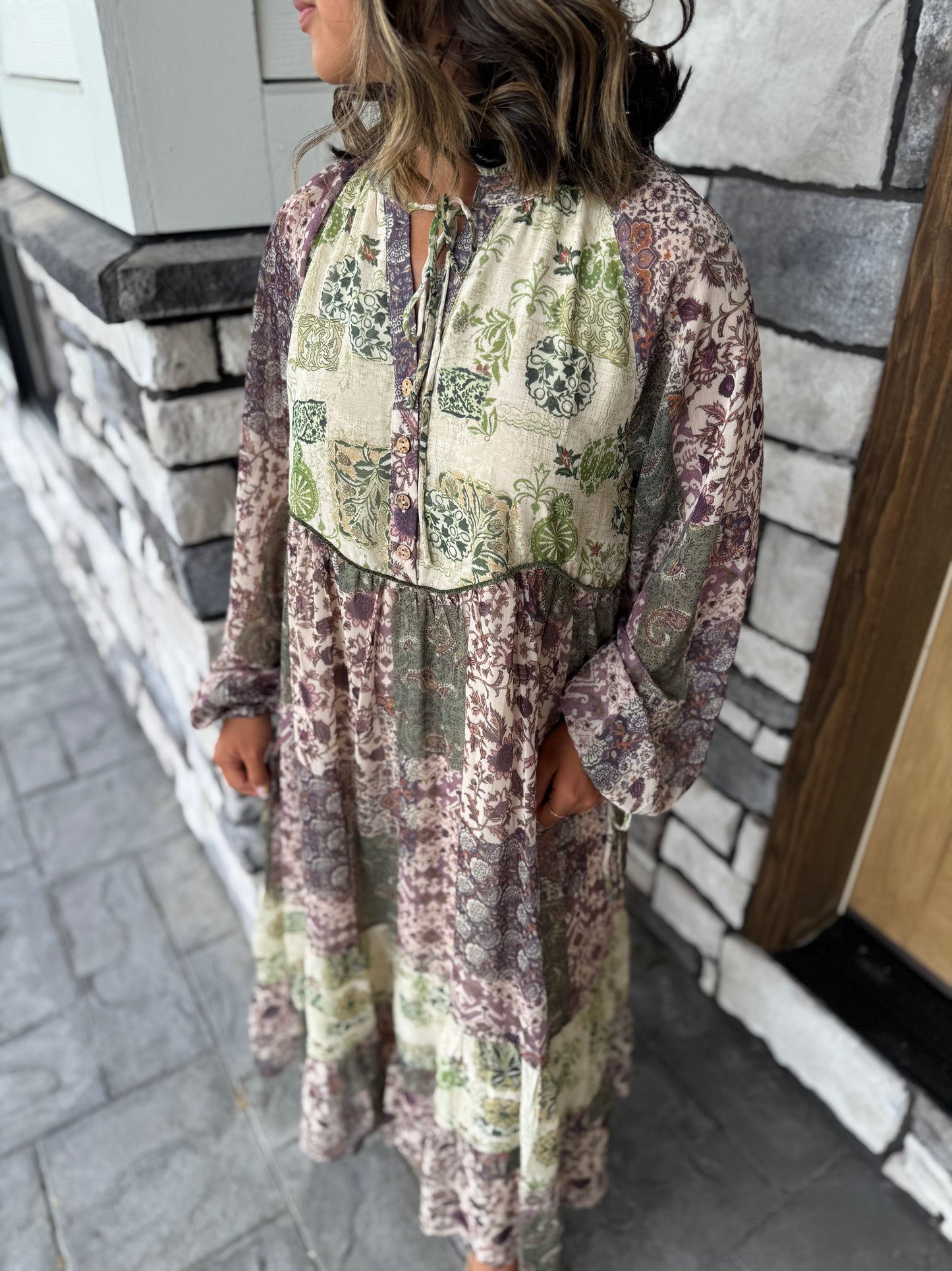 Mandy Olive Green Floral Patchwork Print Midi Dress