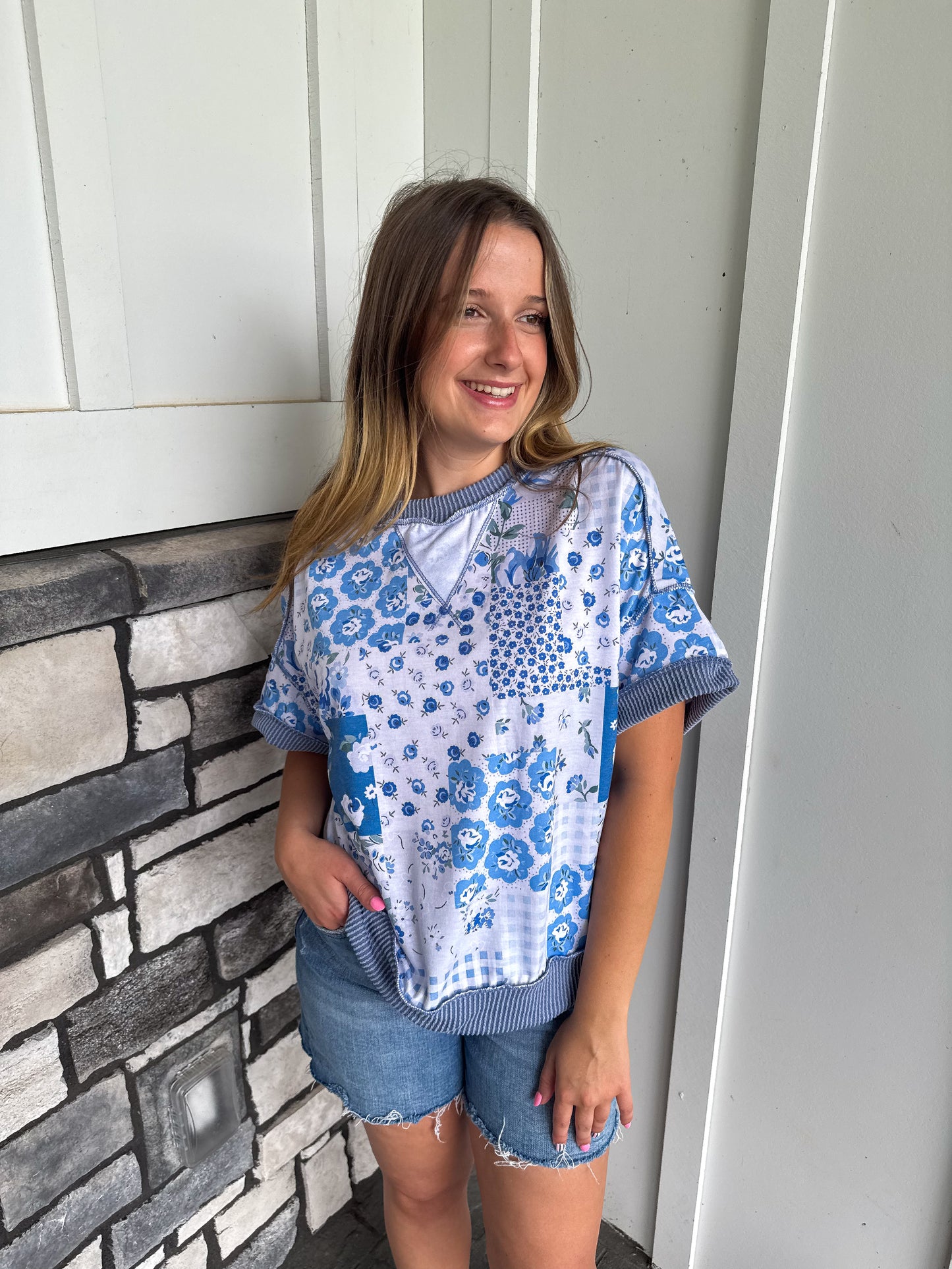 Krista Blue Floral Patchwork Print Top