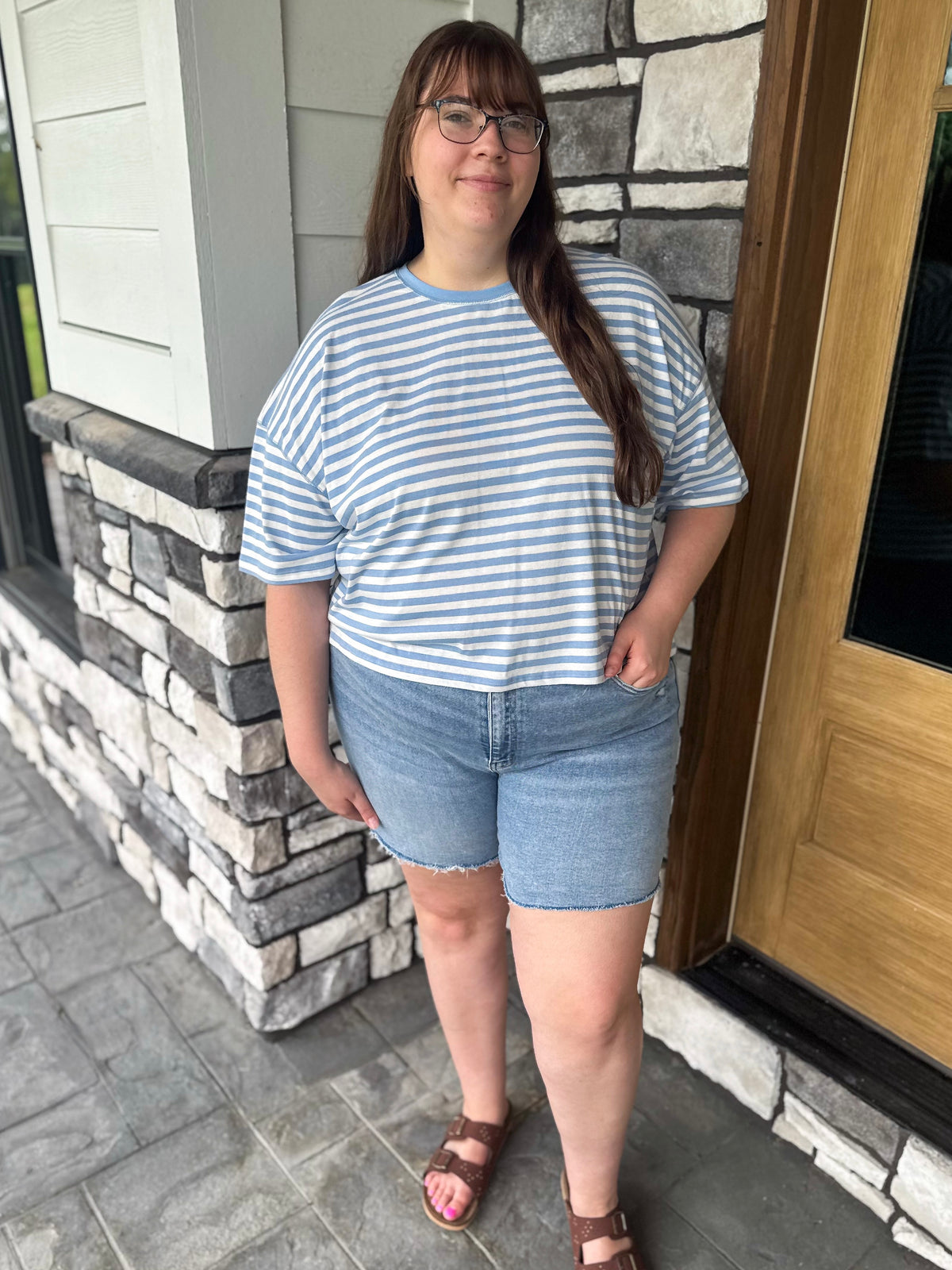 Hallie Blue & Off White Striped Round Neck Slight Crop Oversized Tee