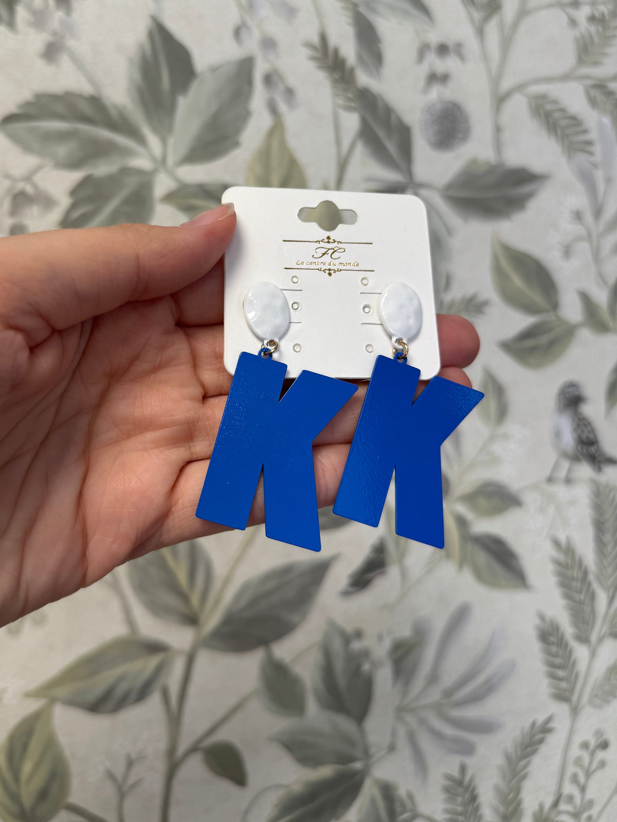 Blue & White "K" Dangle Earrings