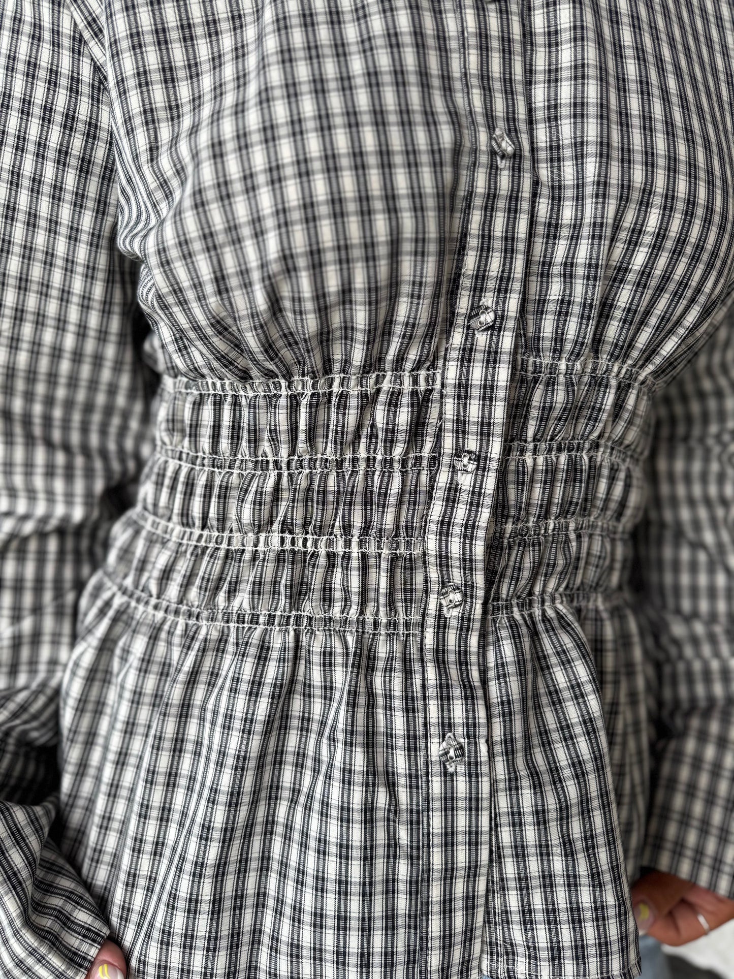Stacy Black & White Plaid Shirred Waist Blouse