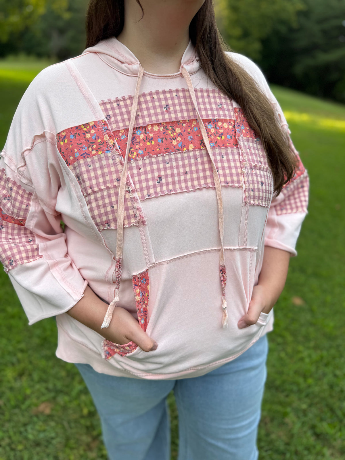 Pippy Plus Size Coral Pink Floral Patchwork Hooded Pullover
