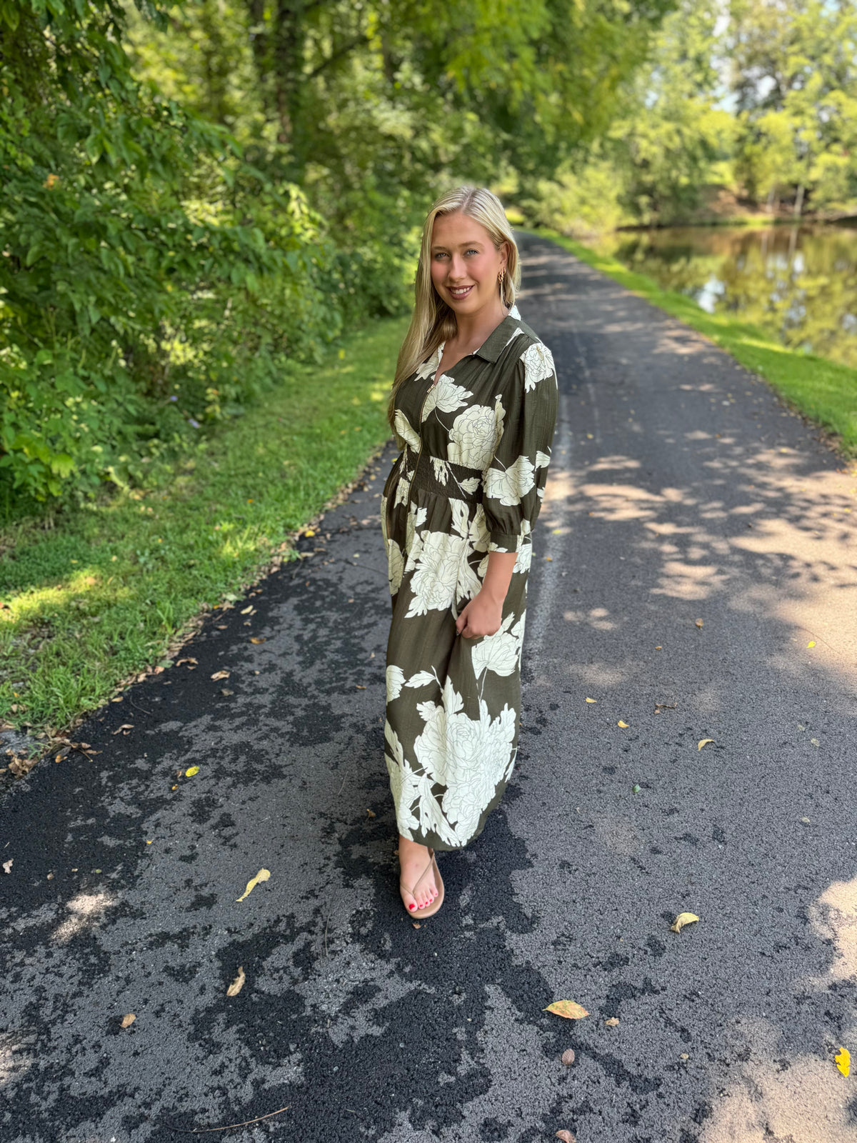 Marsha Olive & Ivory Floral Collared Puff Sleeve Midi Dress