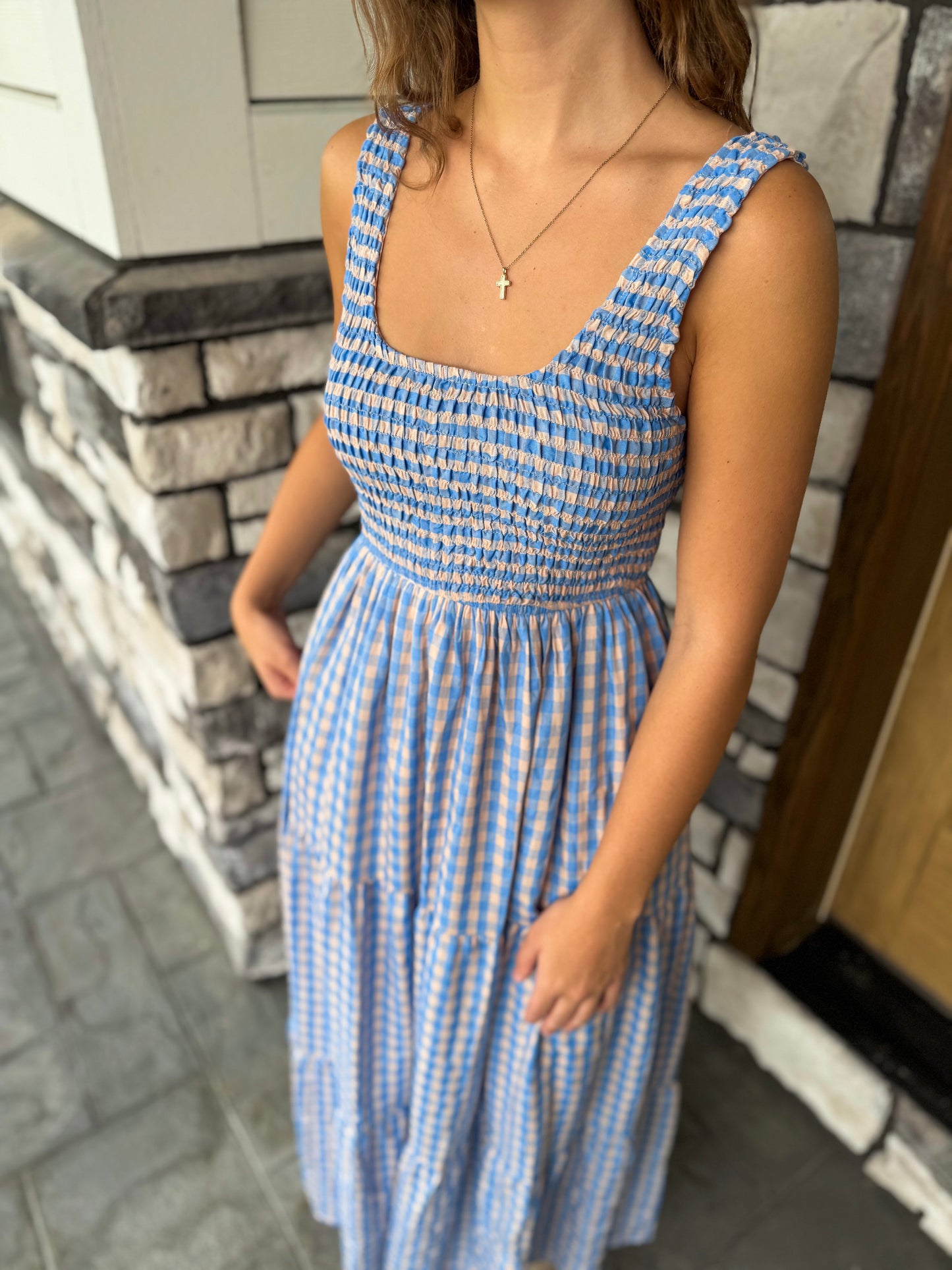 Melanie Blue & Peach Smocked Bodice Gingham Maxi Dress