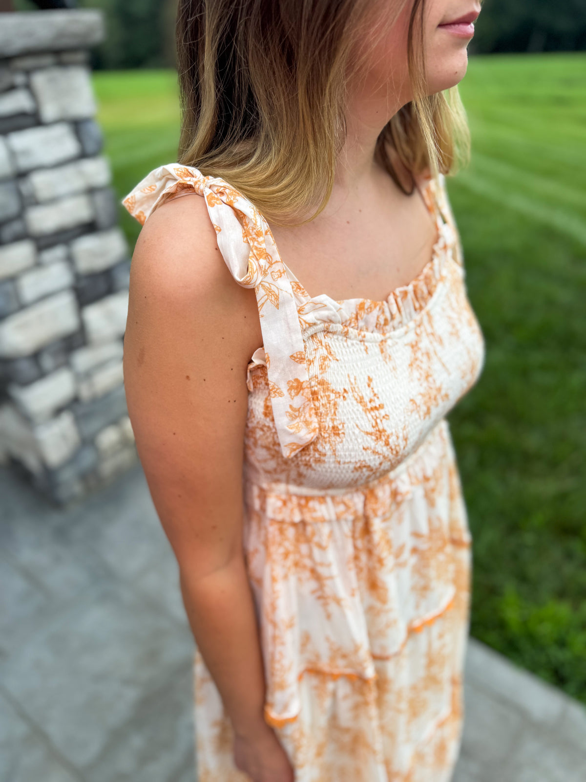 Charlotte Off White & Dark Amber Tiered Lace Trim Floral Midi Dress