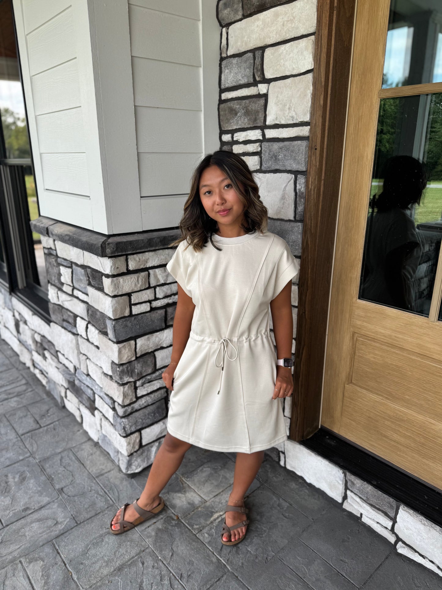 Kimberly Ecru Luxe Knit Pleated Short Sleeve Mini Dress