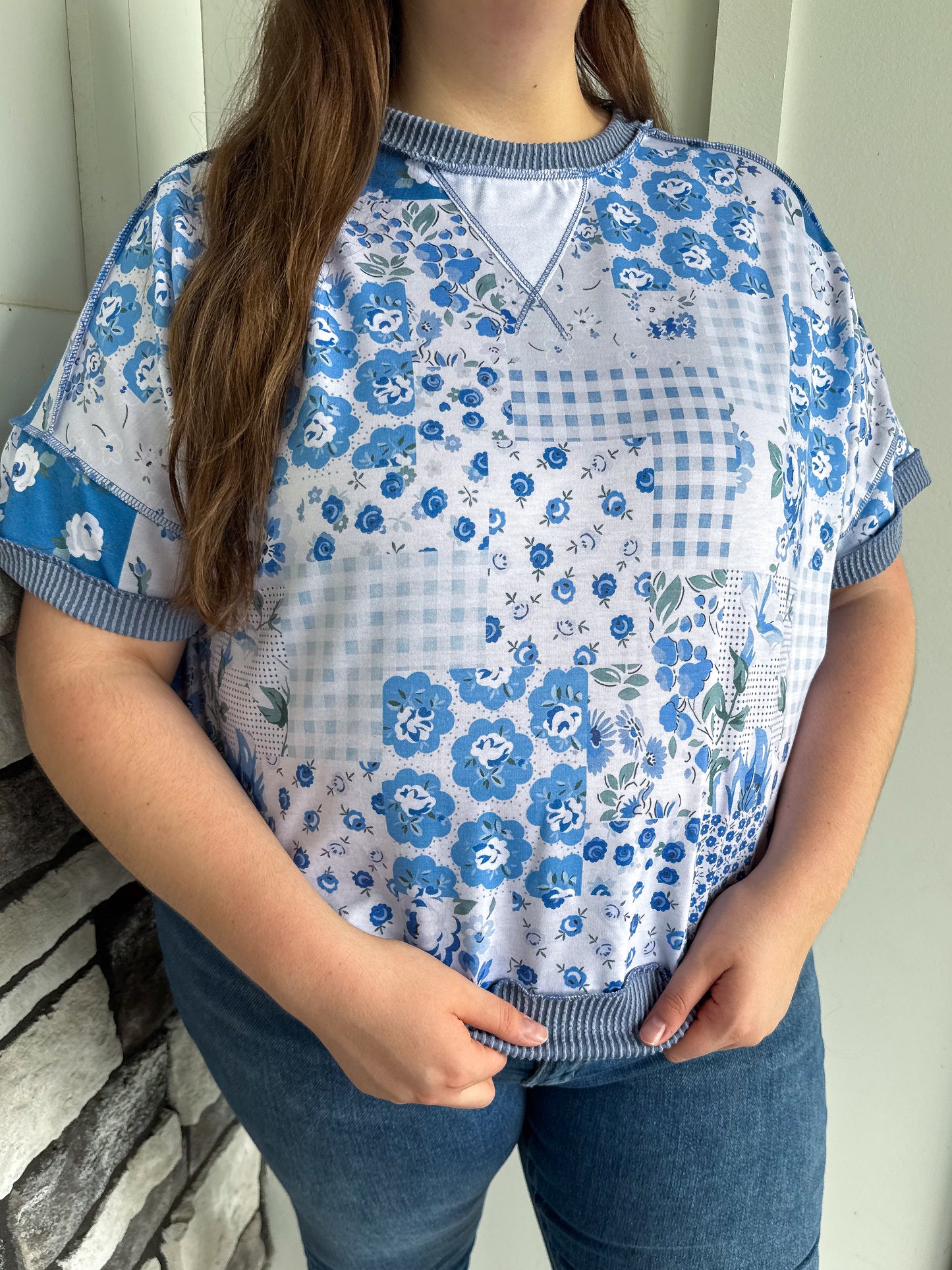 Krista Blue Floral Patchwork Print Top