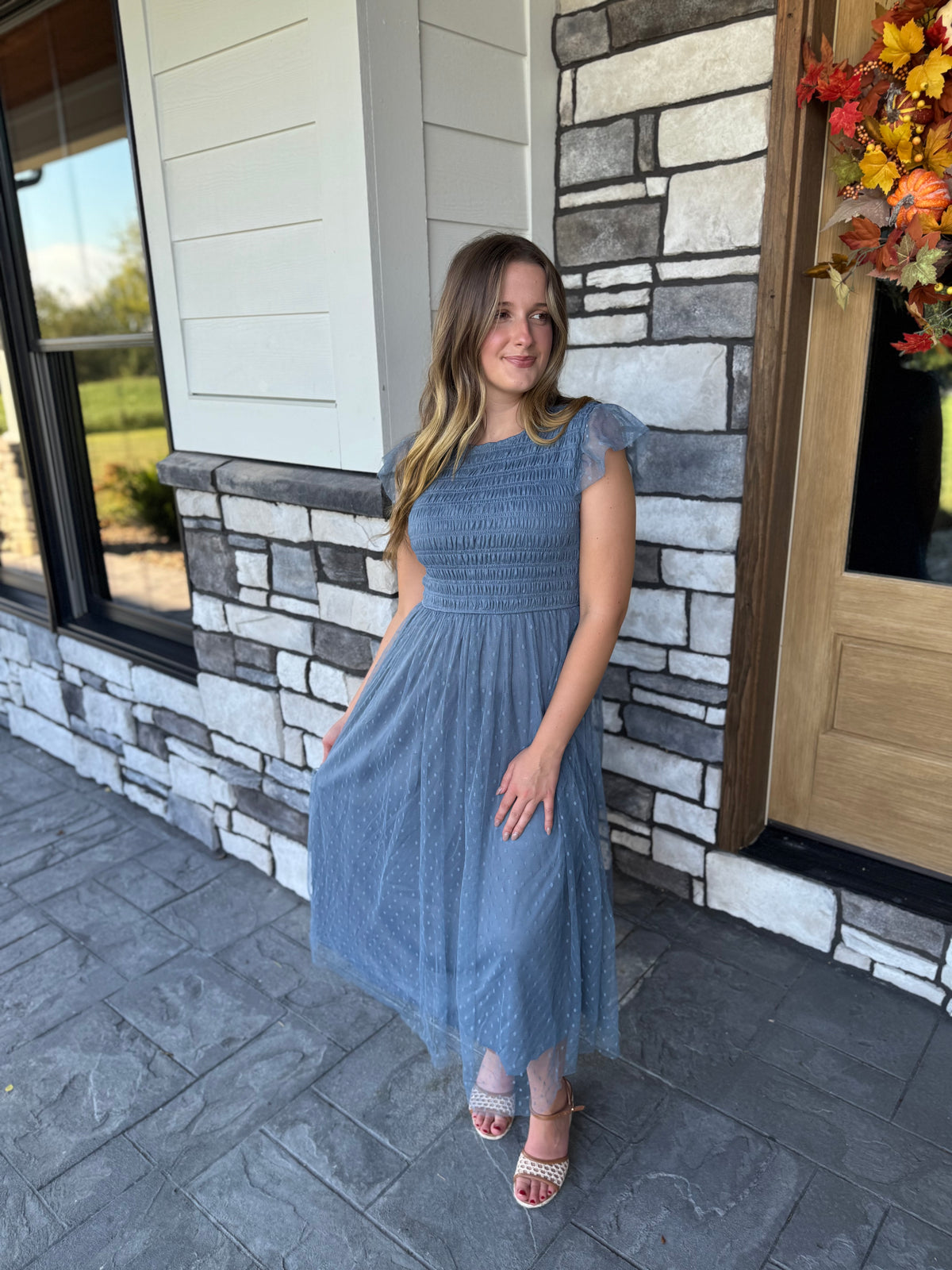Presley Dusty Blue Polka Dot Chiffon Smocked Midi Dress