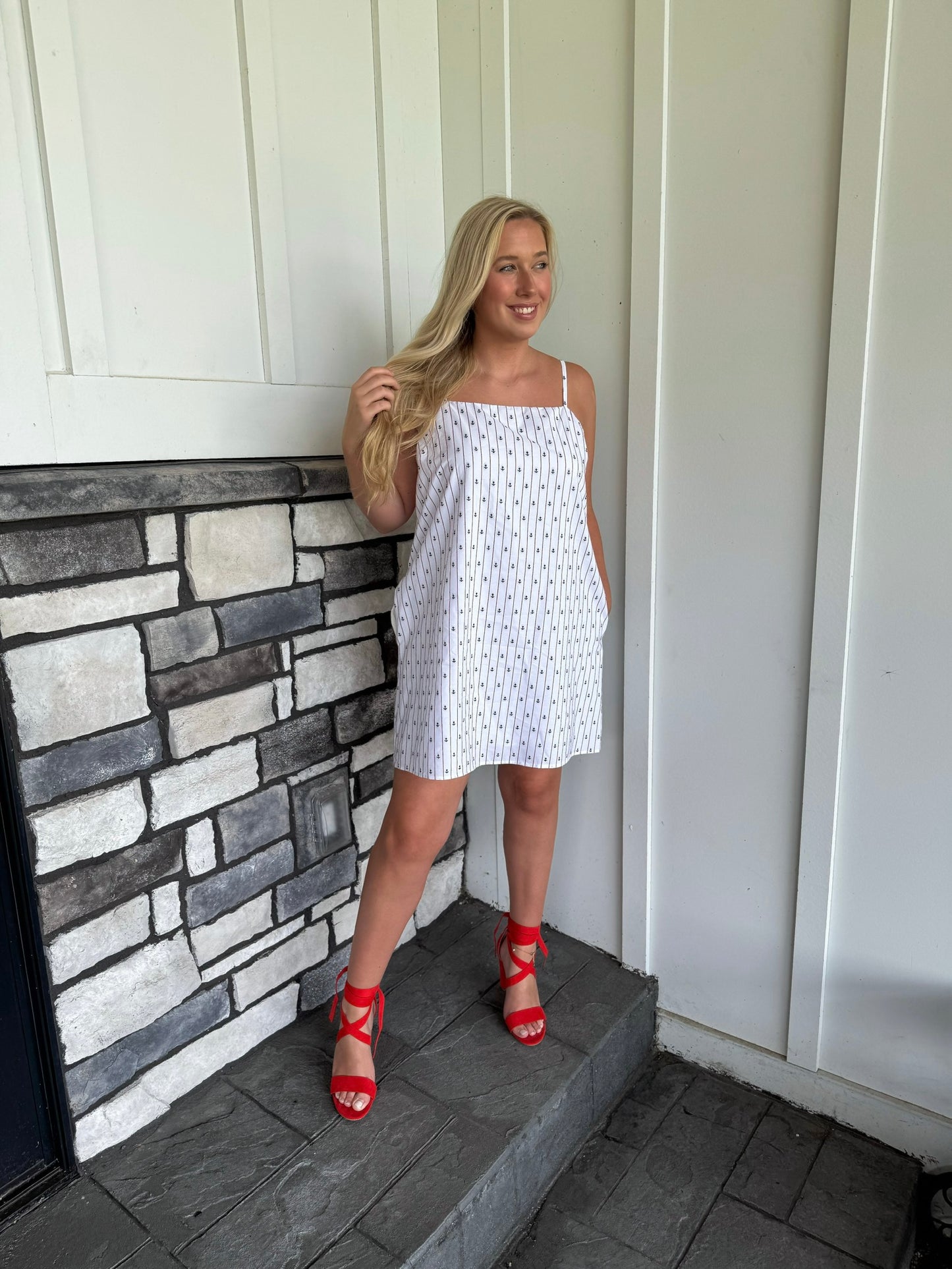 Jessa White & Navy Ditsy Anchor Print Mini Dress
