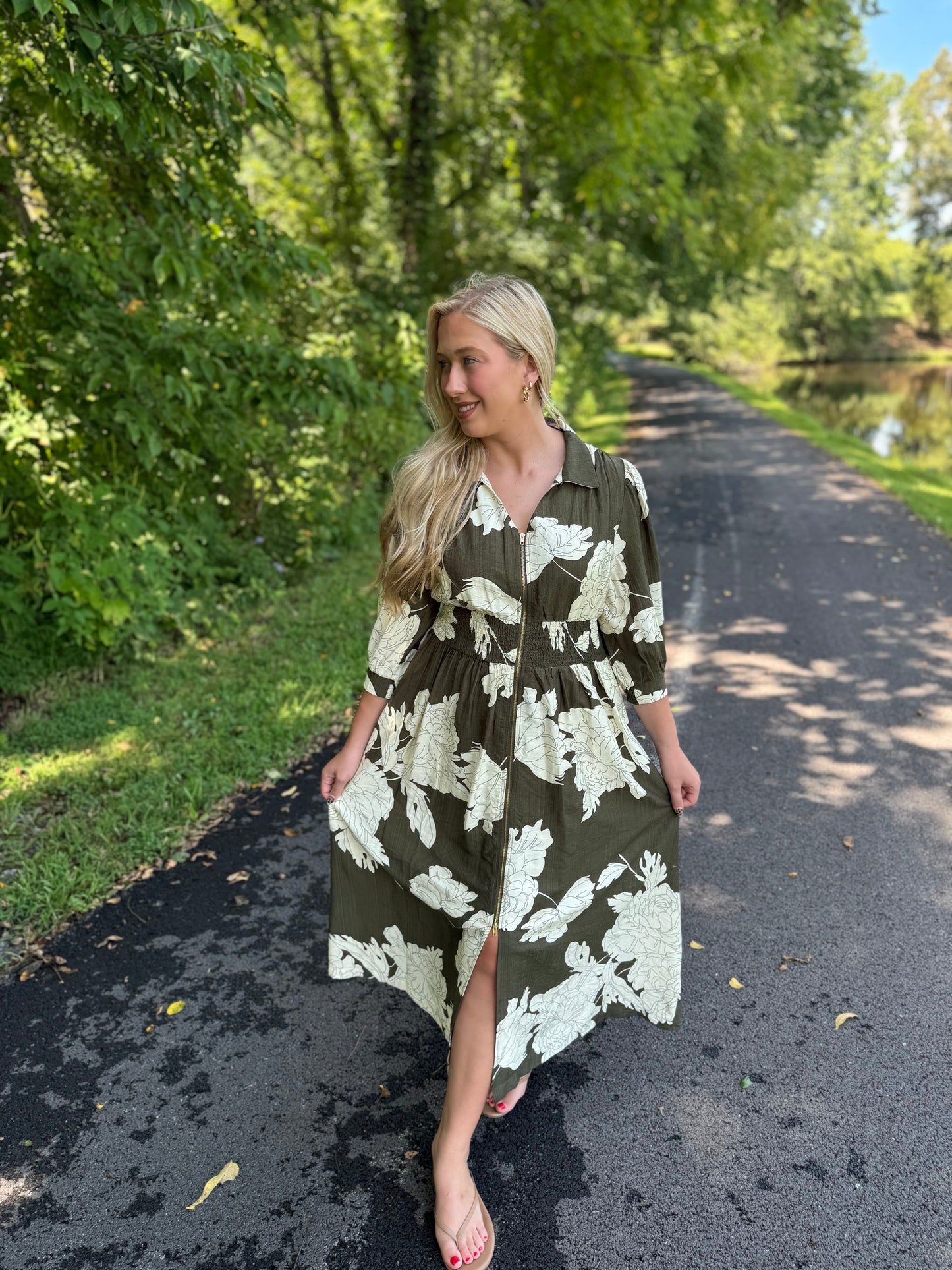 Marsha Olive & Ivory Floral Collared Puff Sleeve Midi Dress