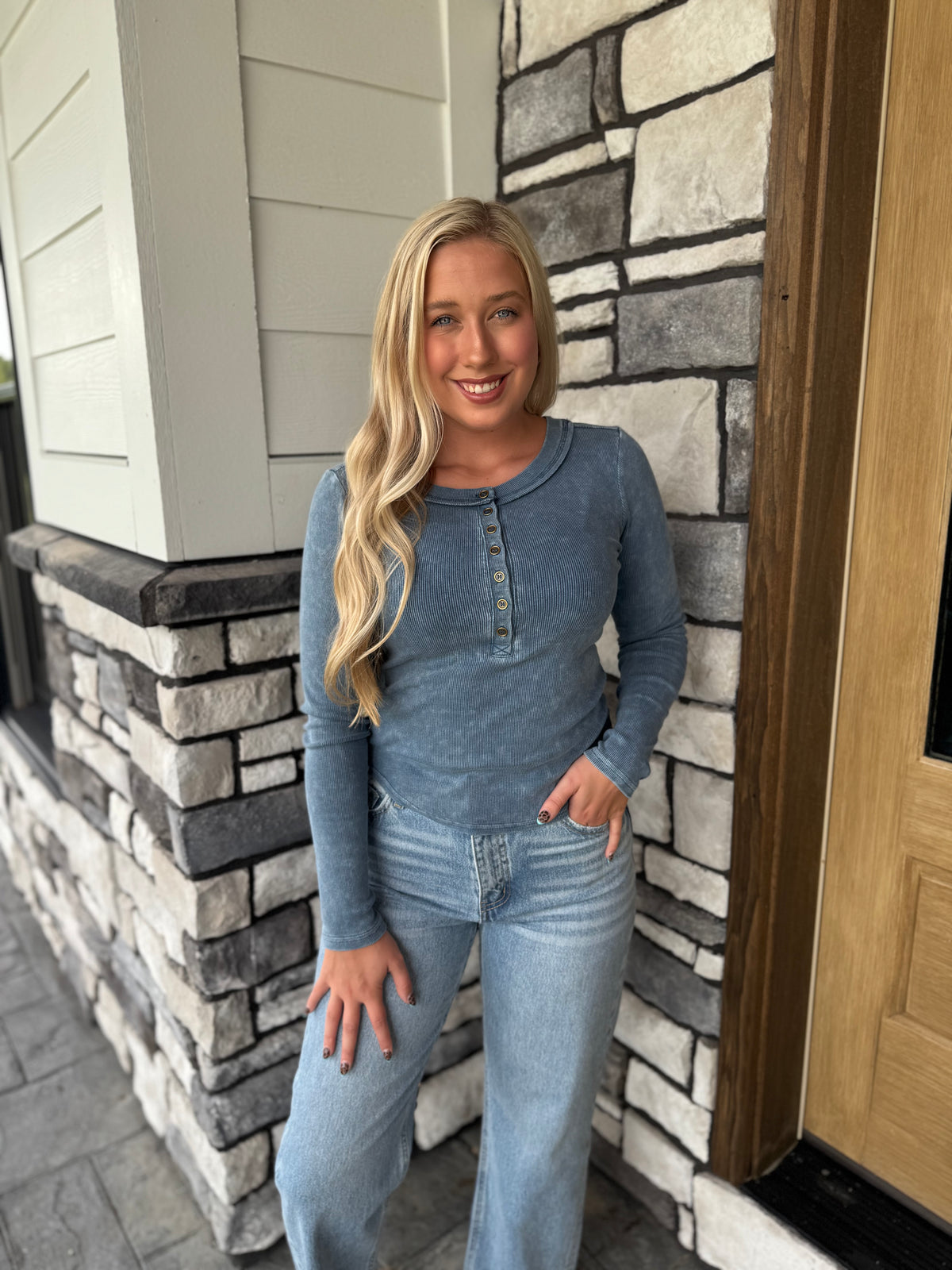 Danielle Washed Blue Long Sleeve Ribbed Henley Top