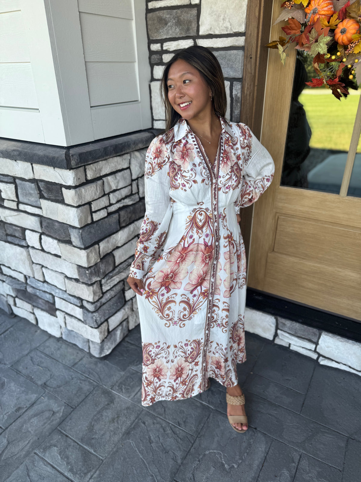 Mabel Amber Paisley Pleated Waist Button Up Midi Dress