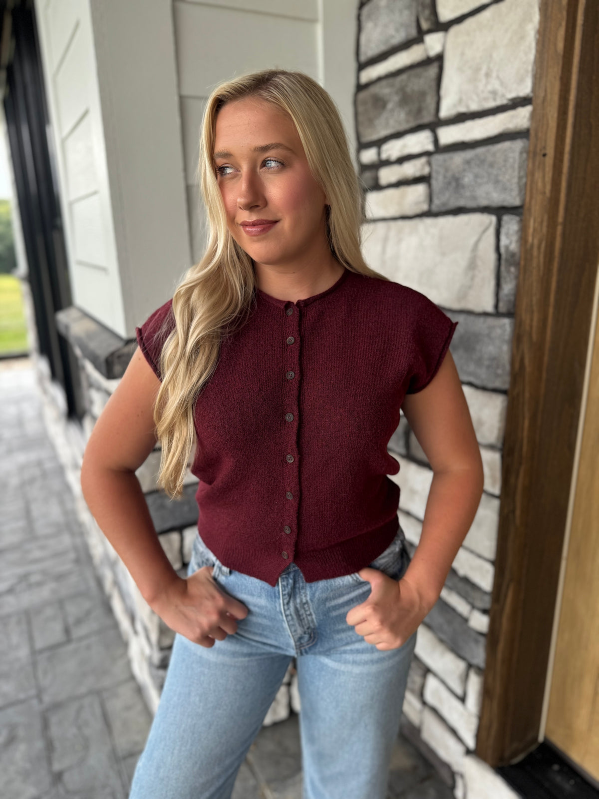 Marlow Burgundy Button Up Short Sleeve Sweater