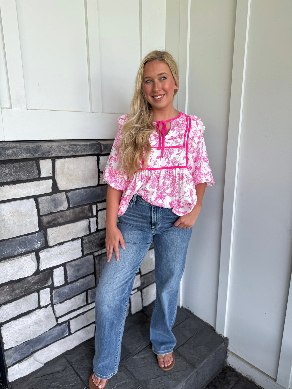Wren Hot Pink & White Notched Neck Woven Top W/ Bow Tie