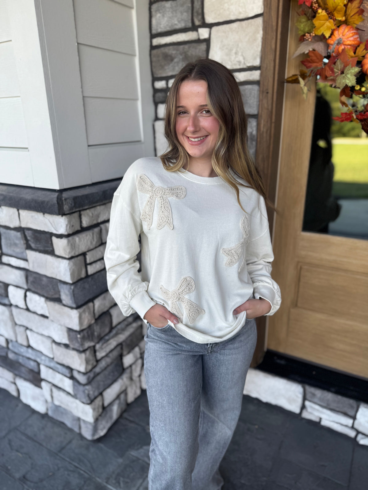 Shelly Ecru Crocheted Bow Patch Terry Pullover