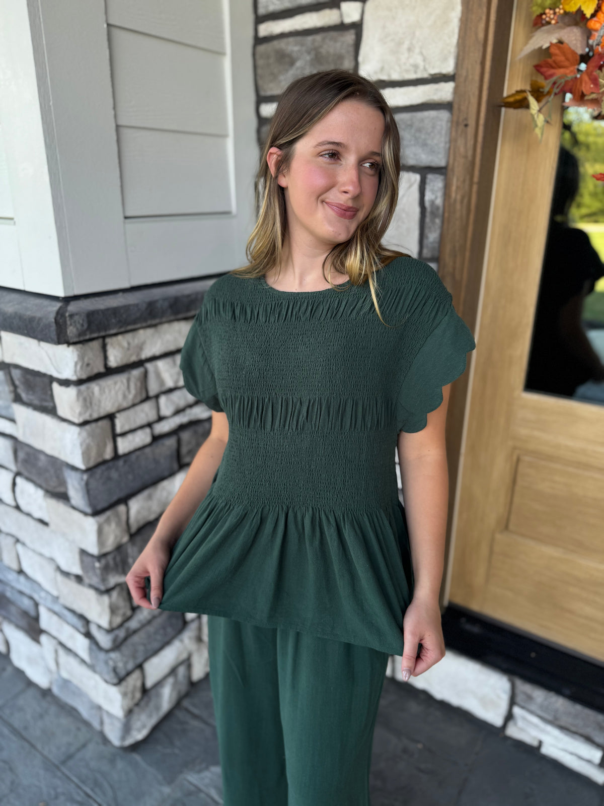 Tania Dark Green Smocked Peplum Top