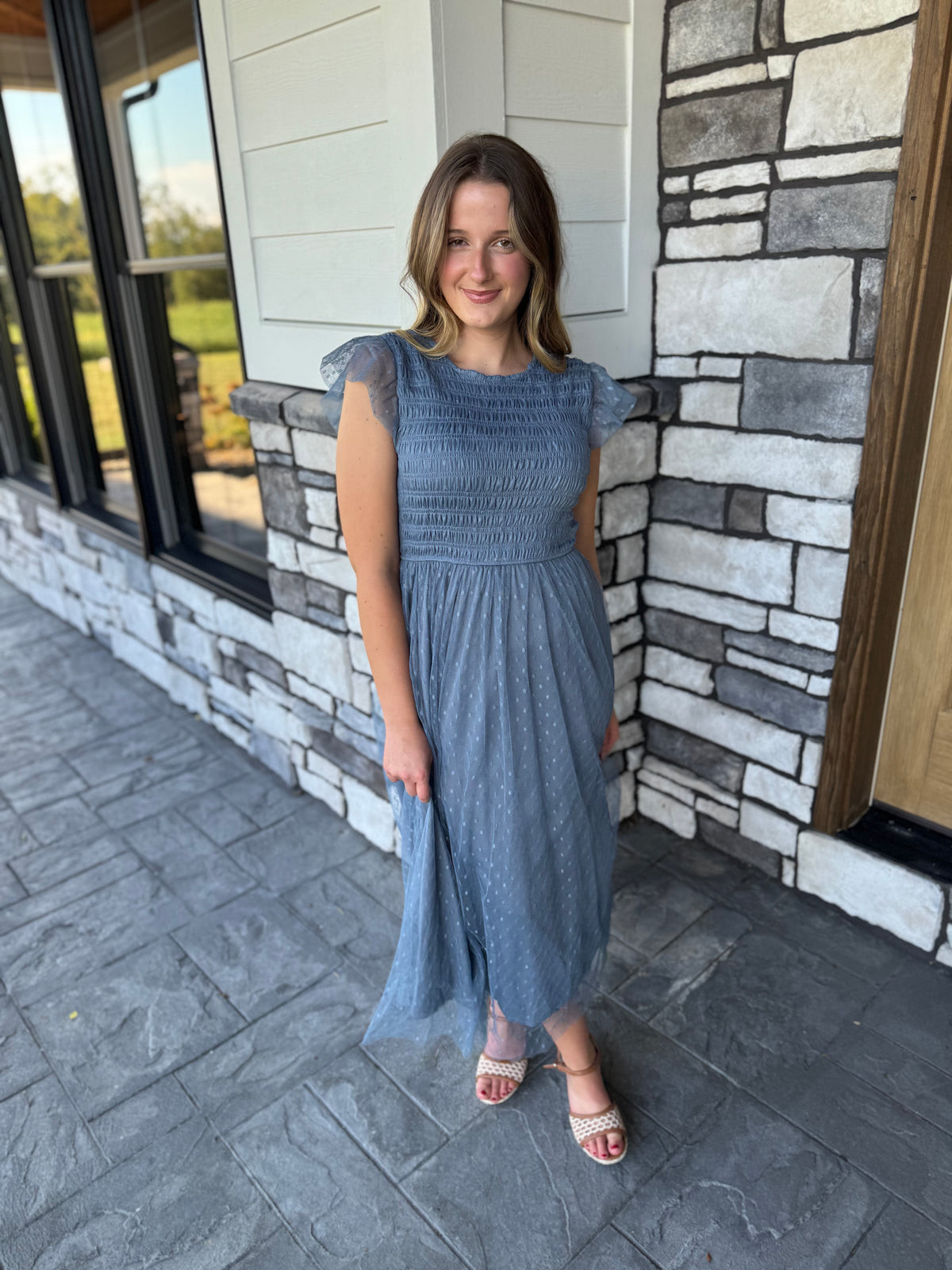 Presley Dusty Blue Polka Dot Chiffon Smocked Midi Dress