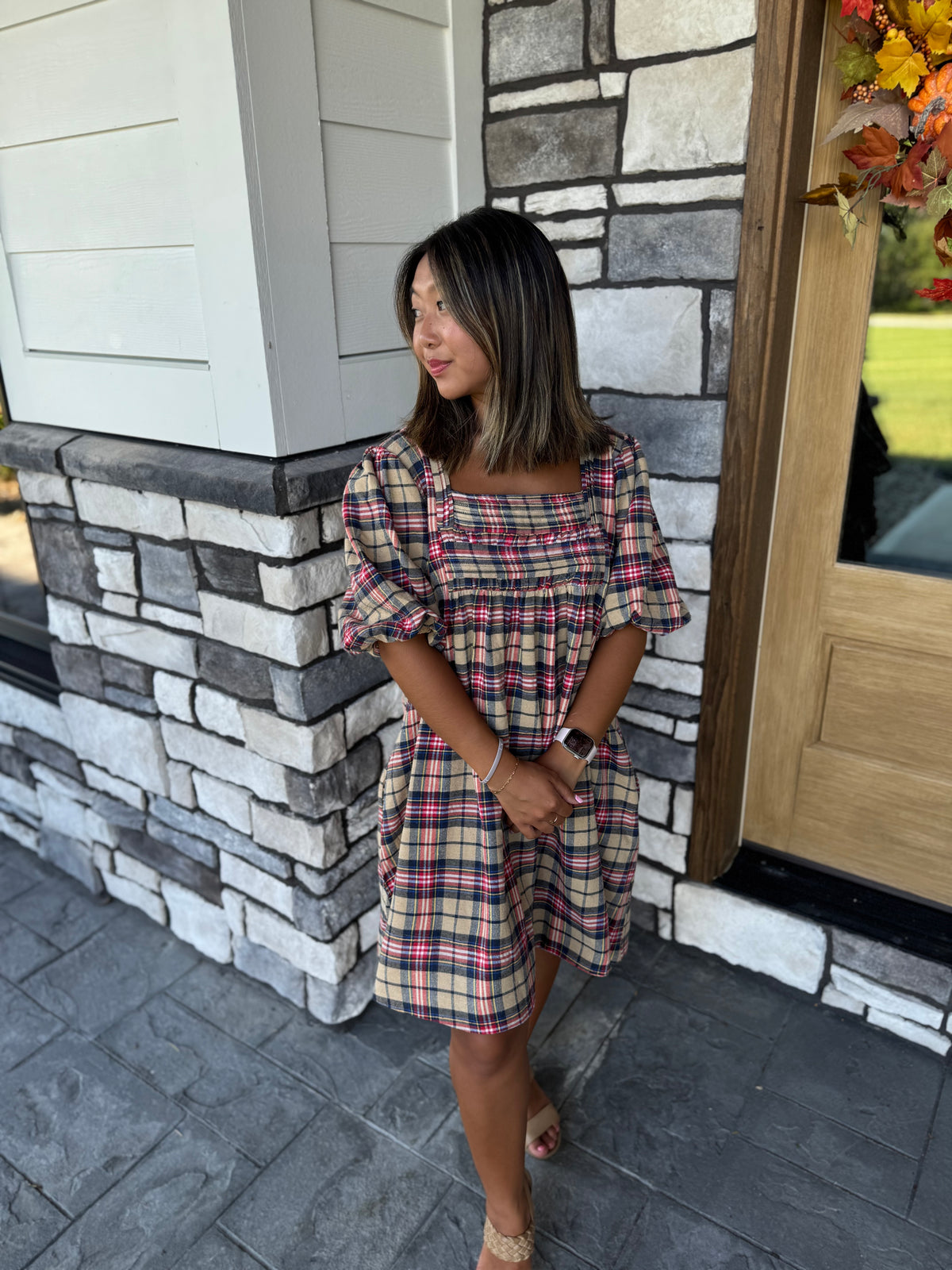 Emerson Khaki Mix Puff Sleeve Plaid Mini Dress
