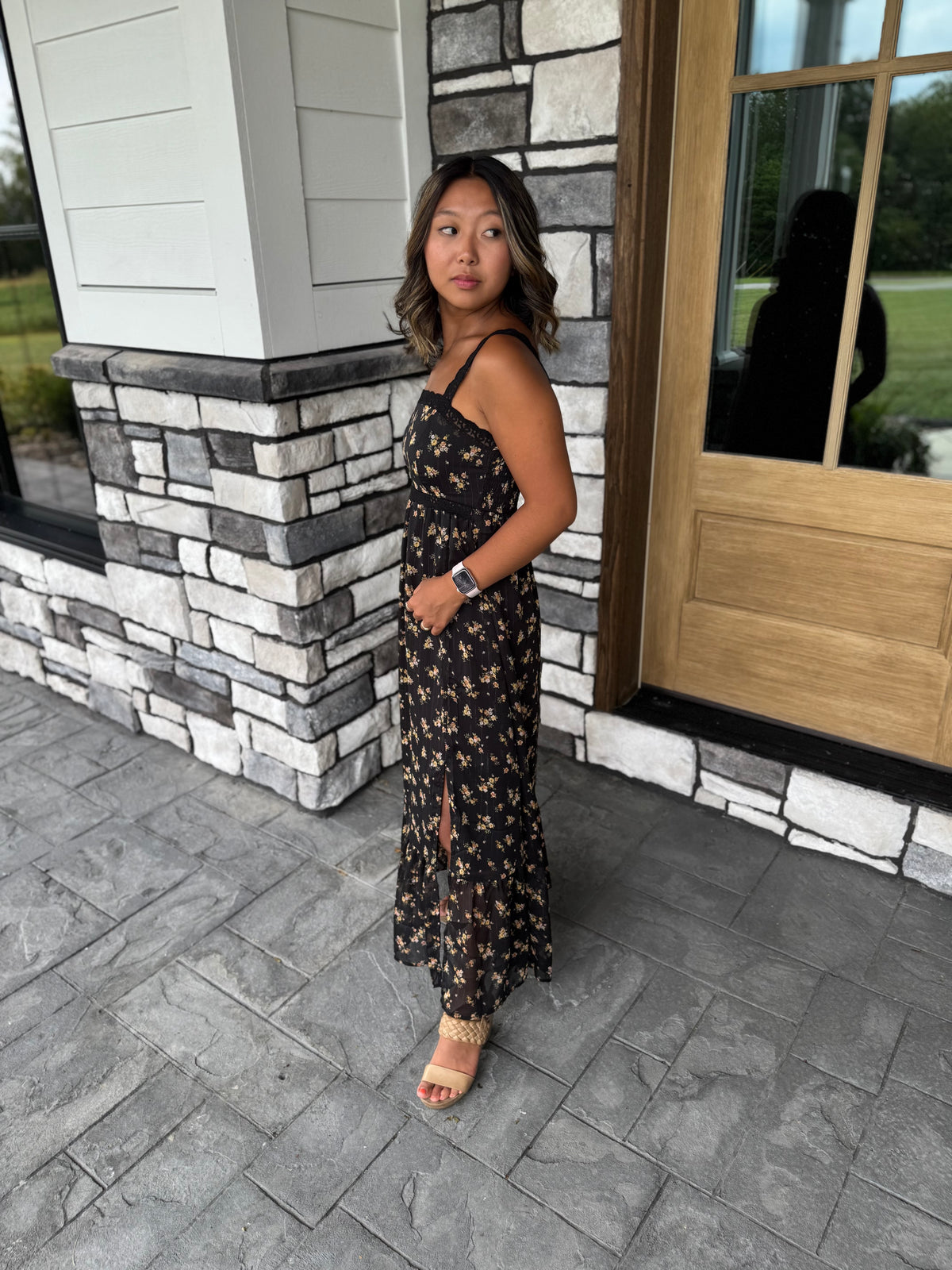 Everly Black Floral Glitter Midi Dress