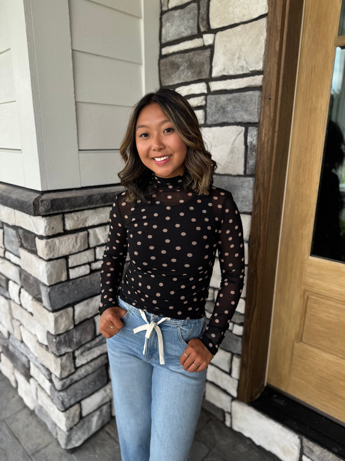 Emily Black & Tan Polka Dot Long Sleeve Mesh Top