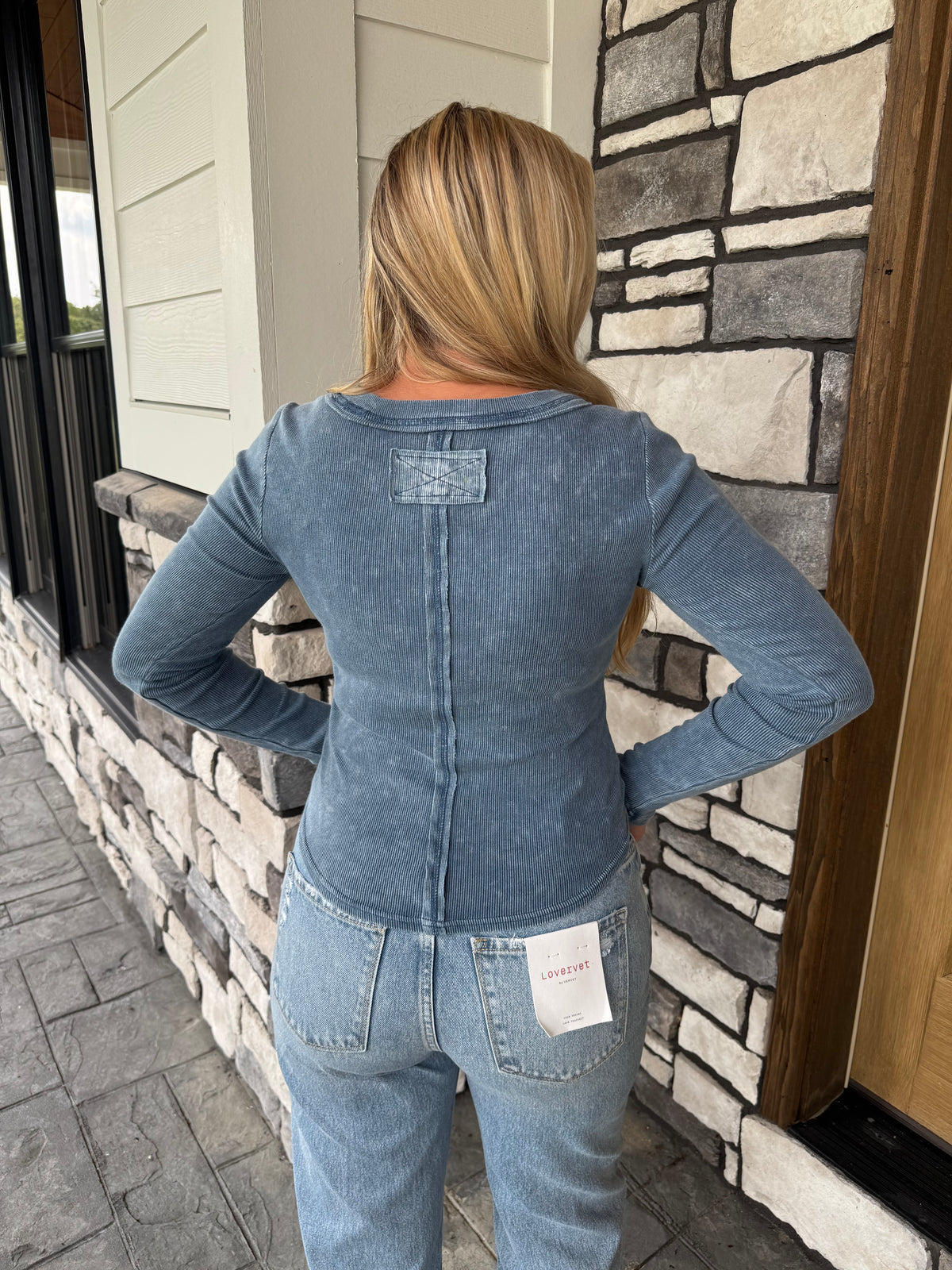 Danielle Washed Blue Long Sleeve Ribbed Henley Top