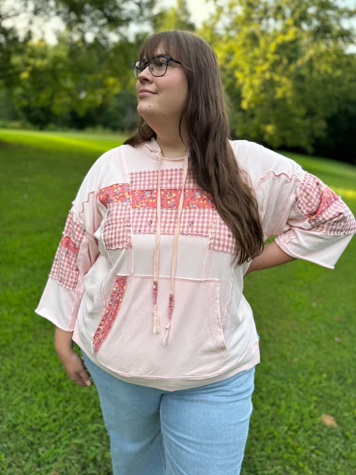 Pippy Plus Size Coral Pink Floral Patchwork Hooded Pullover