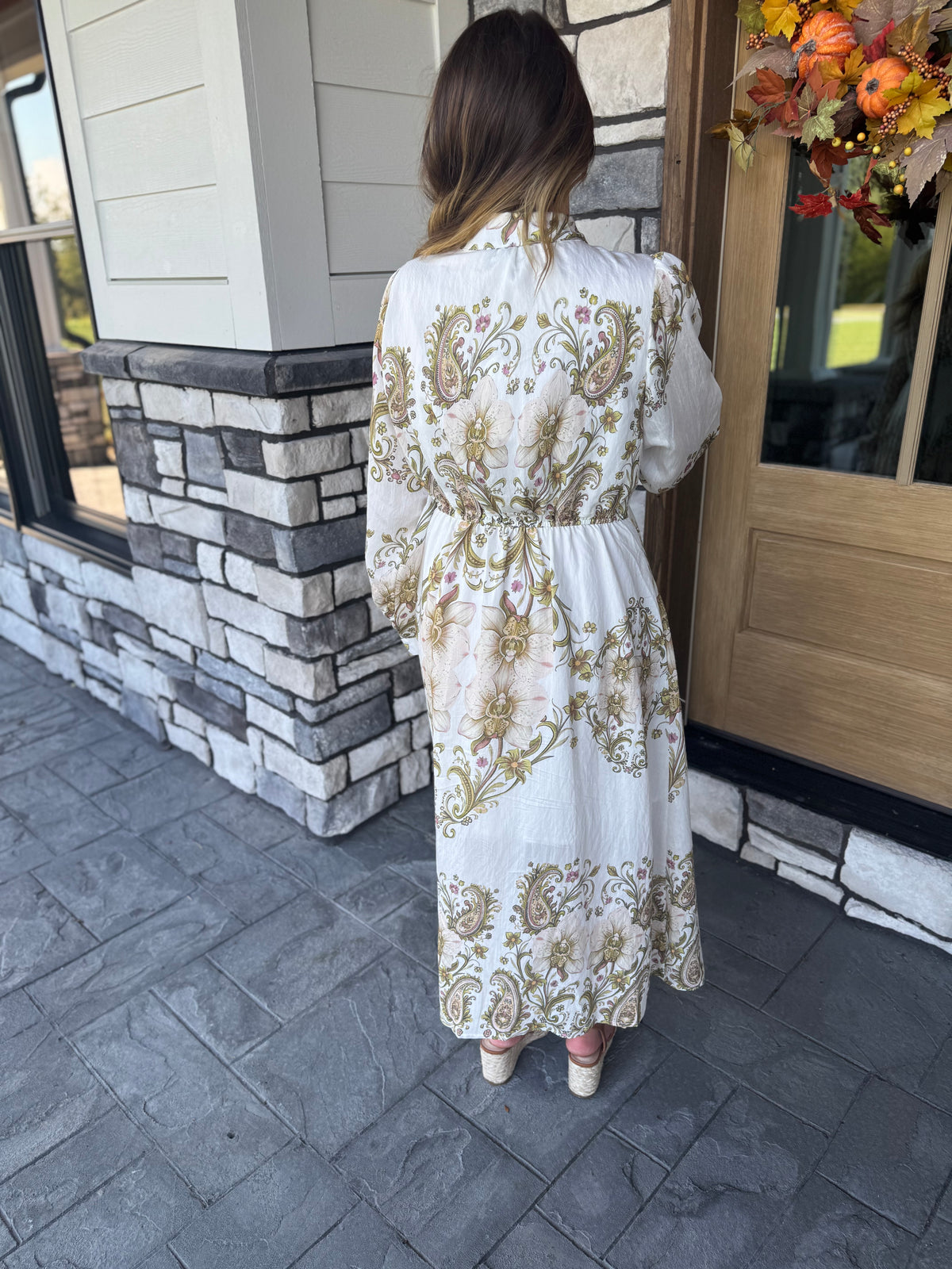 Mabel Olive Paisley Pleated Waist Button Up Midi Dress
