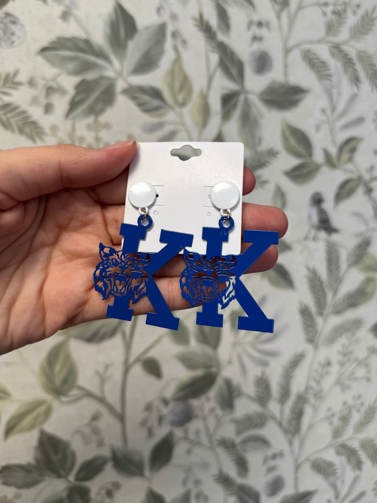Blue & White "K" Wildcat Dangle Earrings