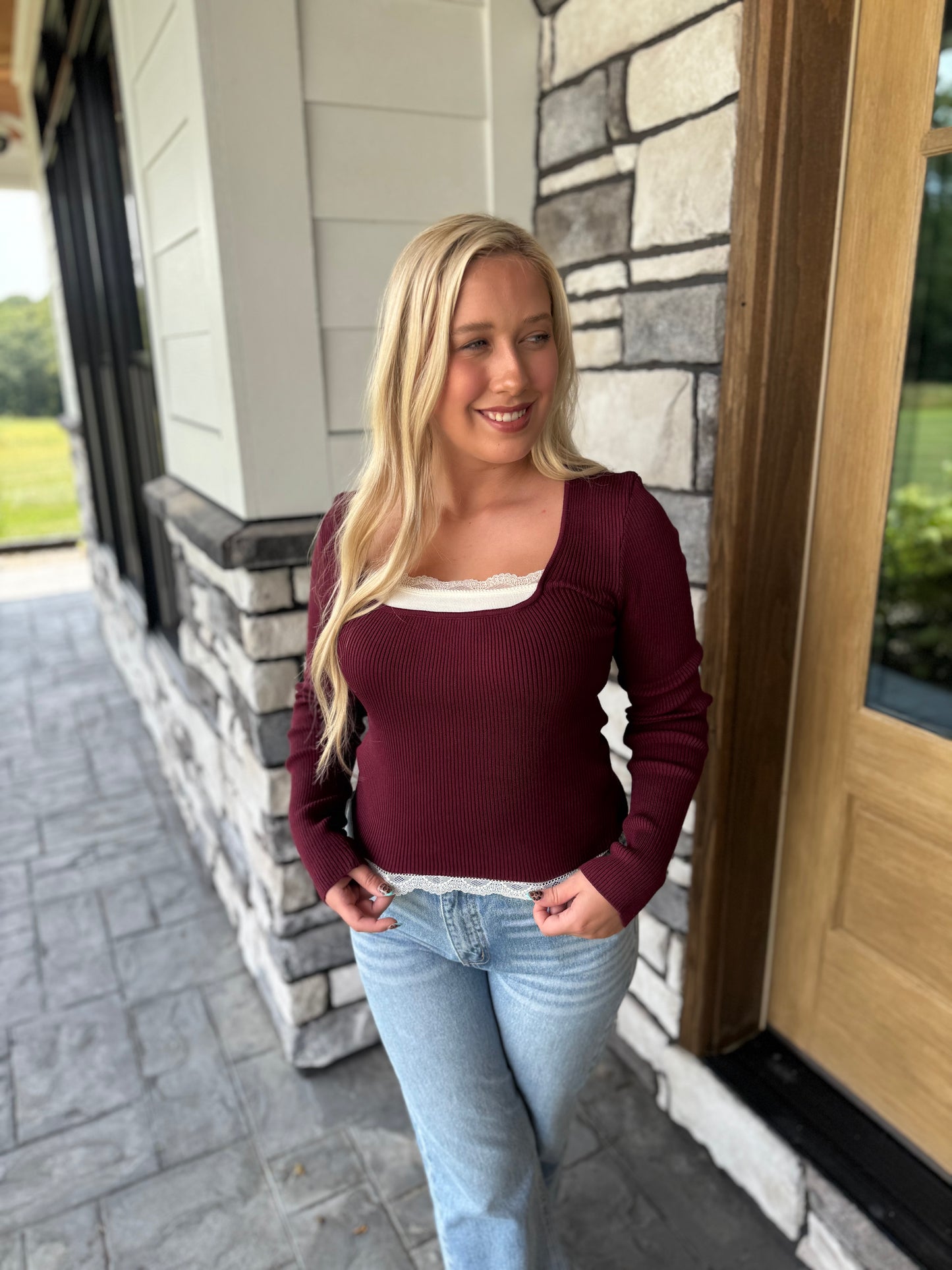 Jane Maroon Lace Trim Long Sleeve Fitted Sweater