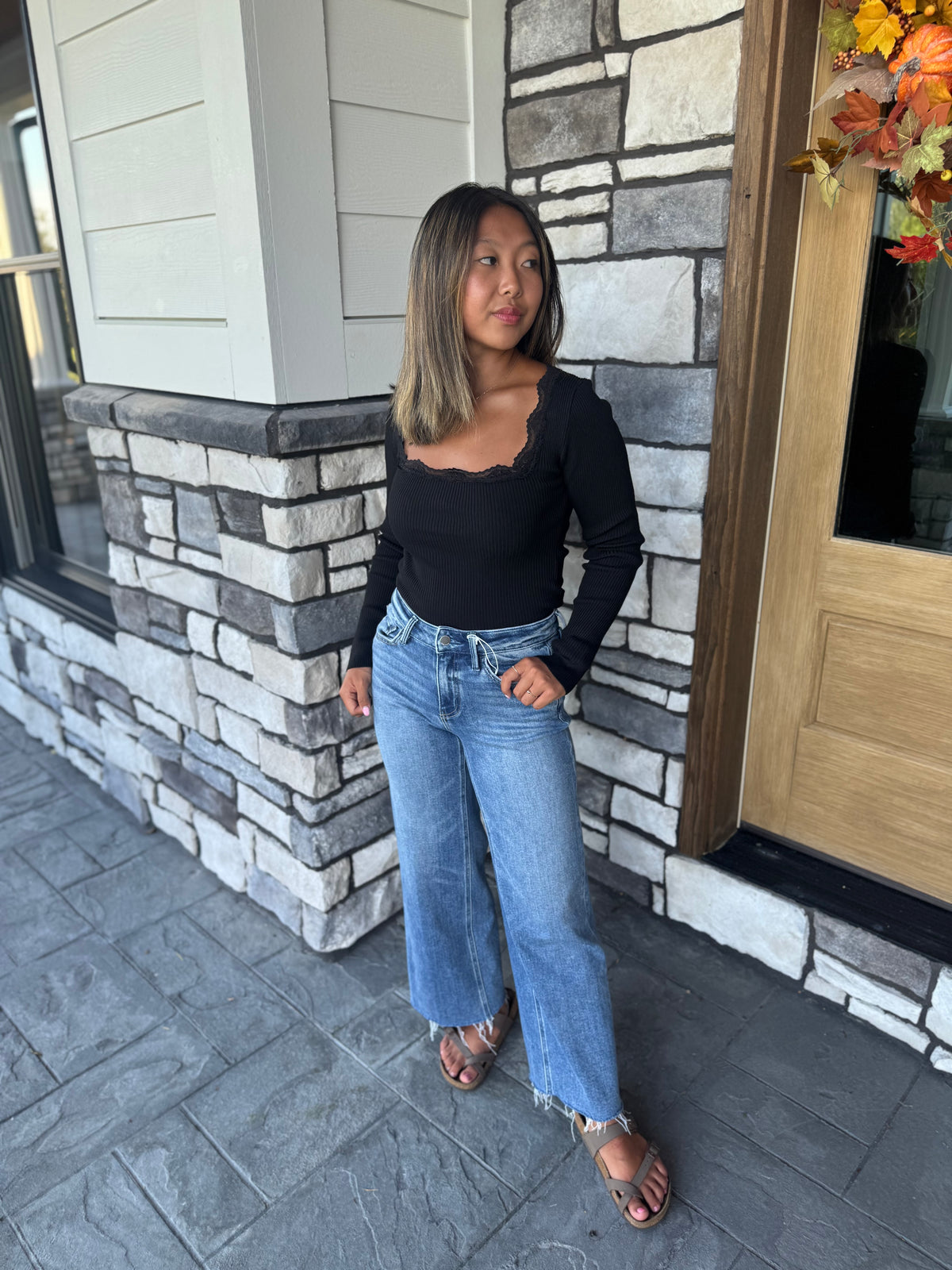 Marie Black Square Neck Lace Trim Ribbed Sweater Top