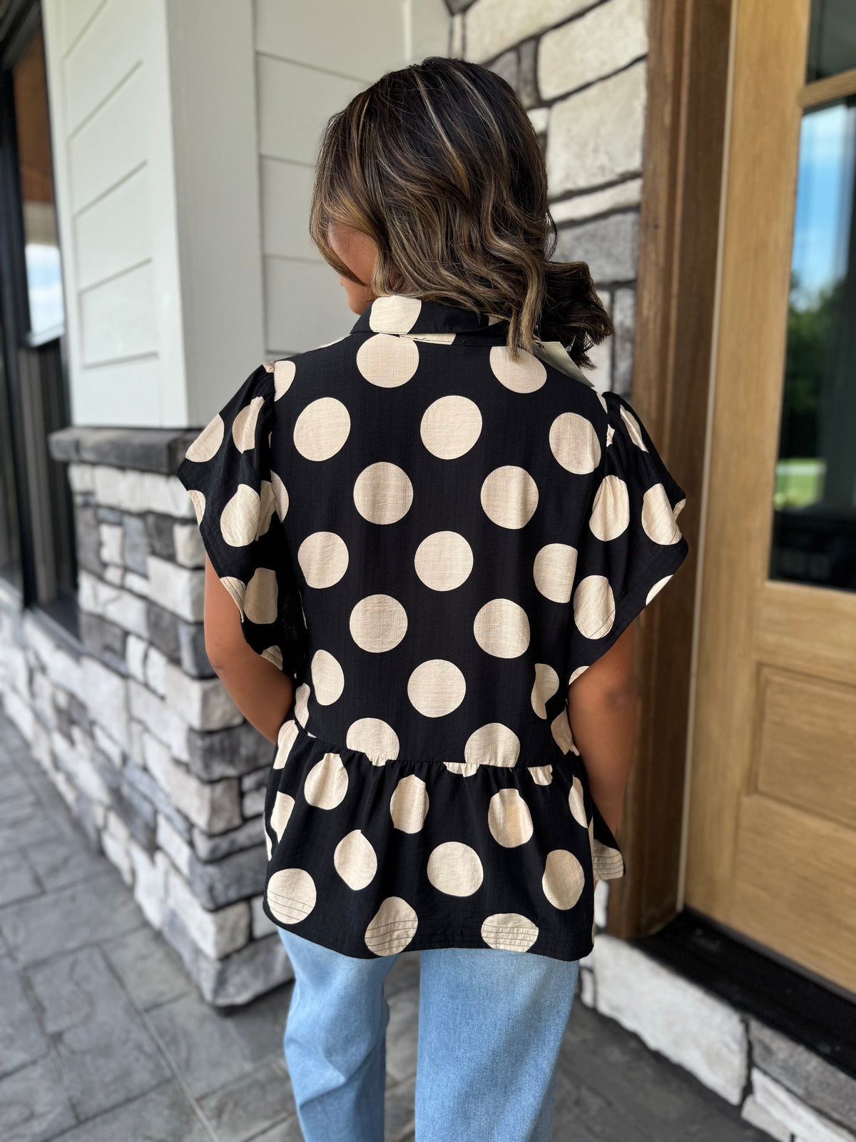 Emilia Black & Cream Polka Dot Peplum Top