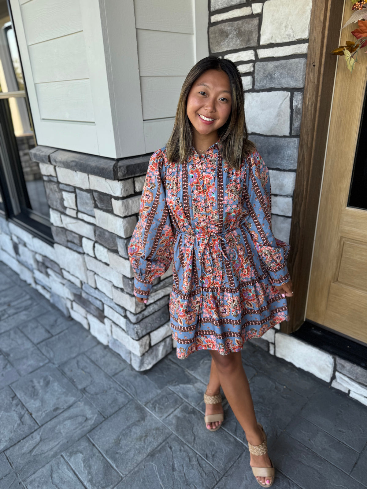 Leena Blue Floral Striped Belted Mini Dress