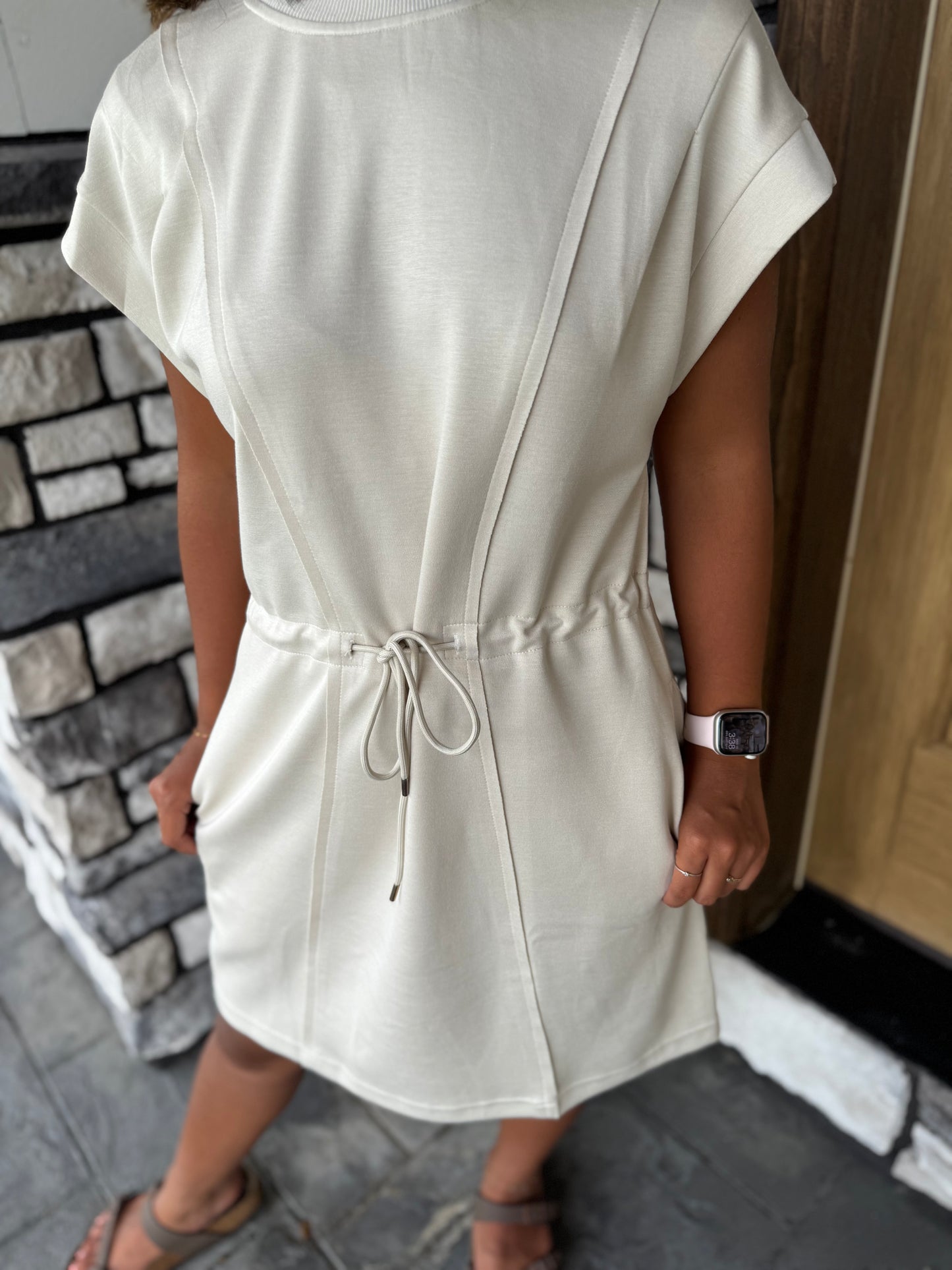 Kimberly Ecru Luxe Knit Pleated Short Sleeve Mini Dress