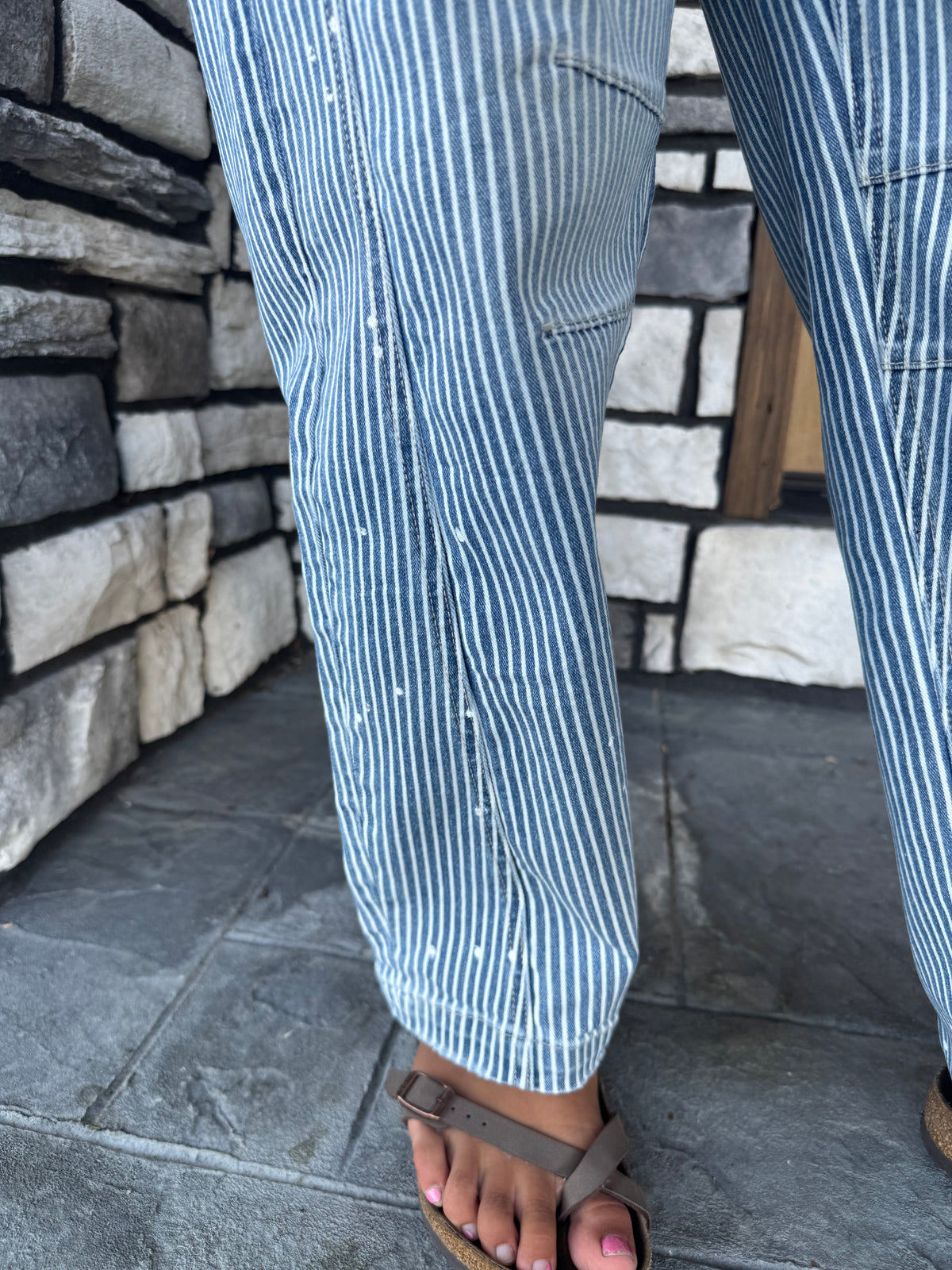 High Rise Pinstriped Barrel Jeans W/ Paint Splatter Details