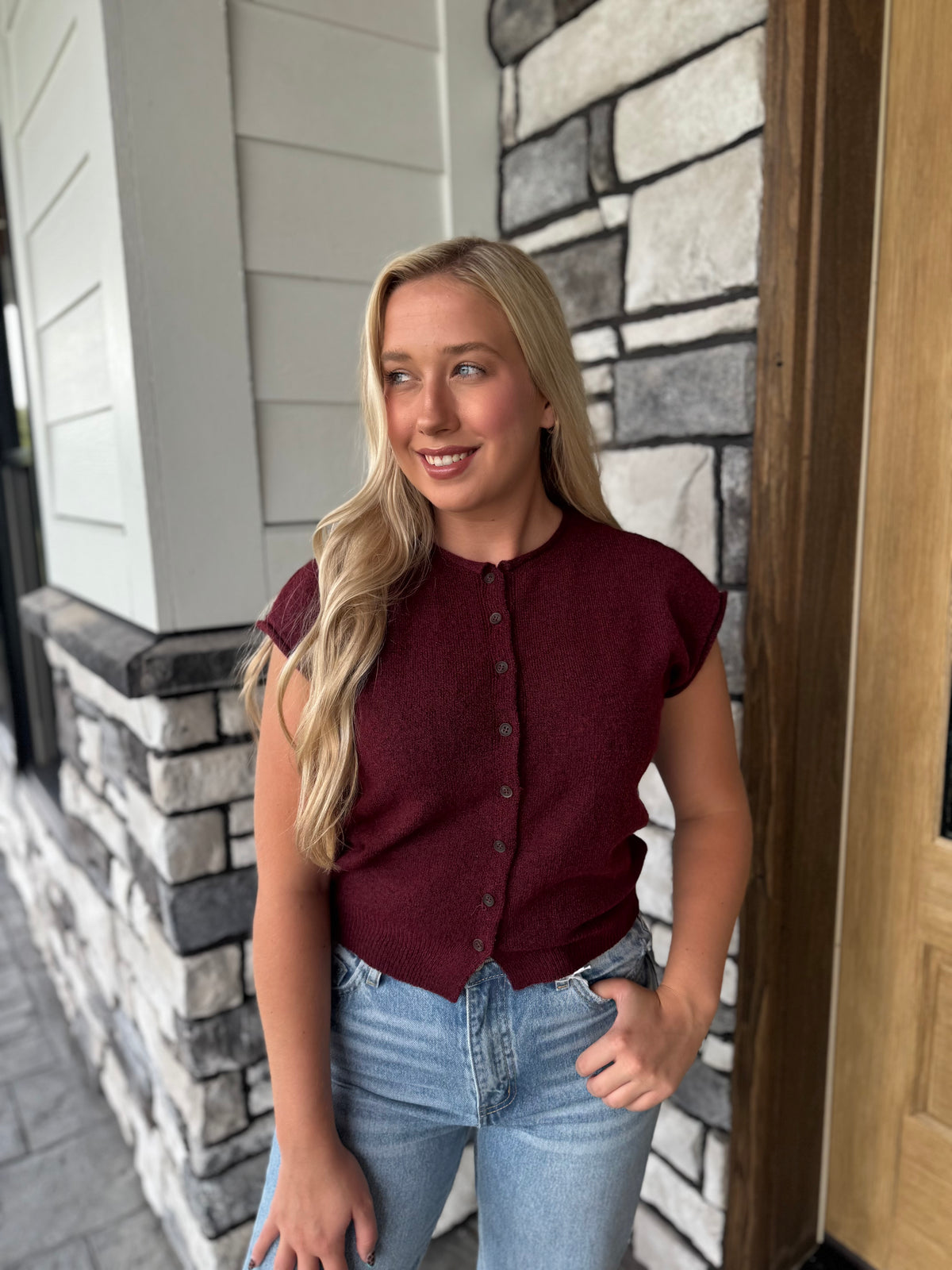 Marlow Burgundy Button Up Short Sleeve Sweater