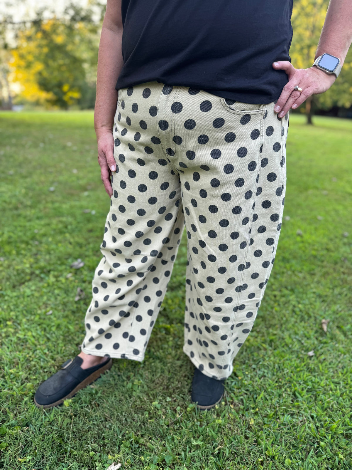 Layla Khaki & Black Polka Dot Washed Twill Barrel Pants