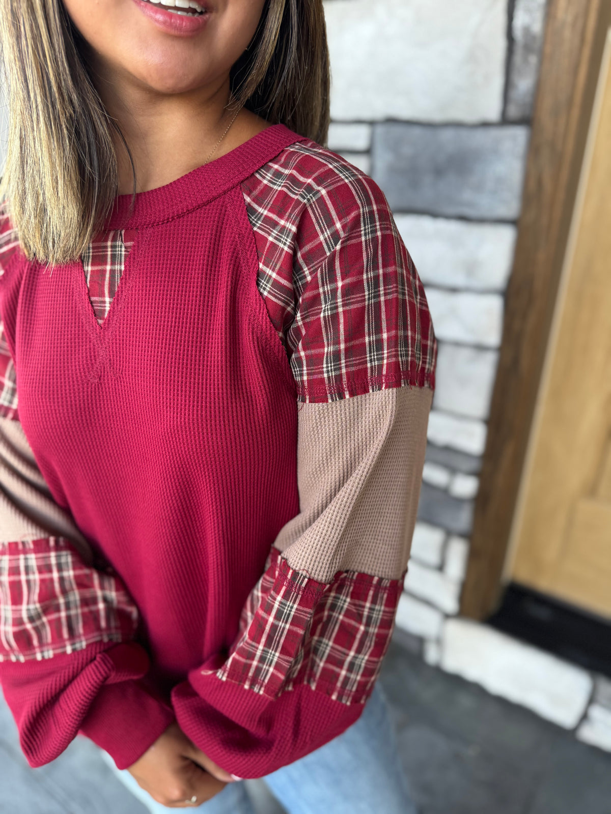 Helen Burgundy & Tan Plaid Patchwork Thermal Knit Top