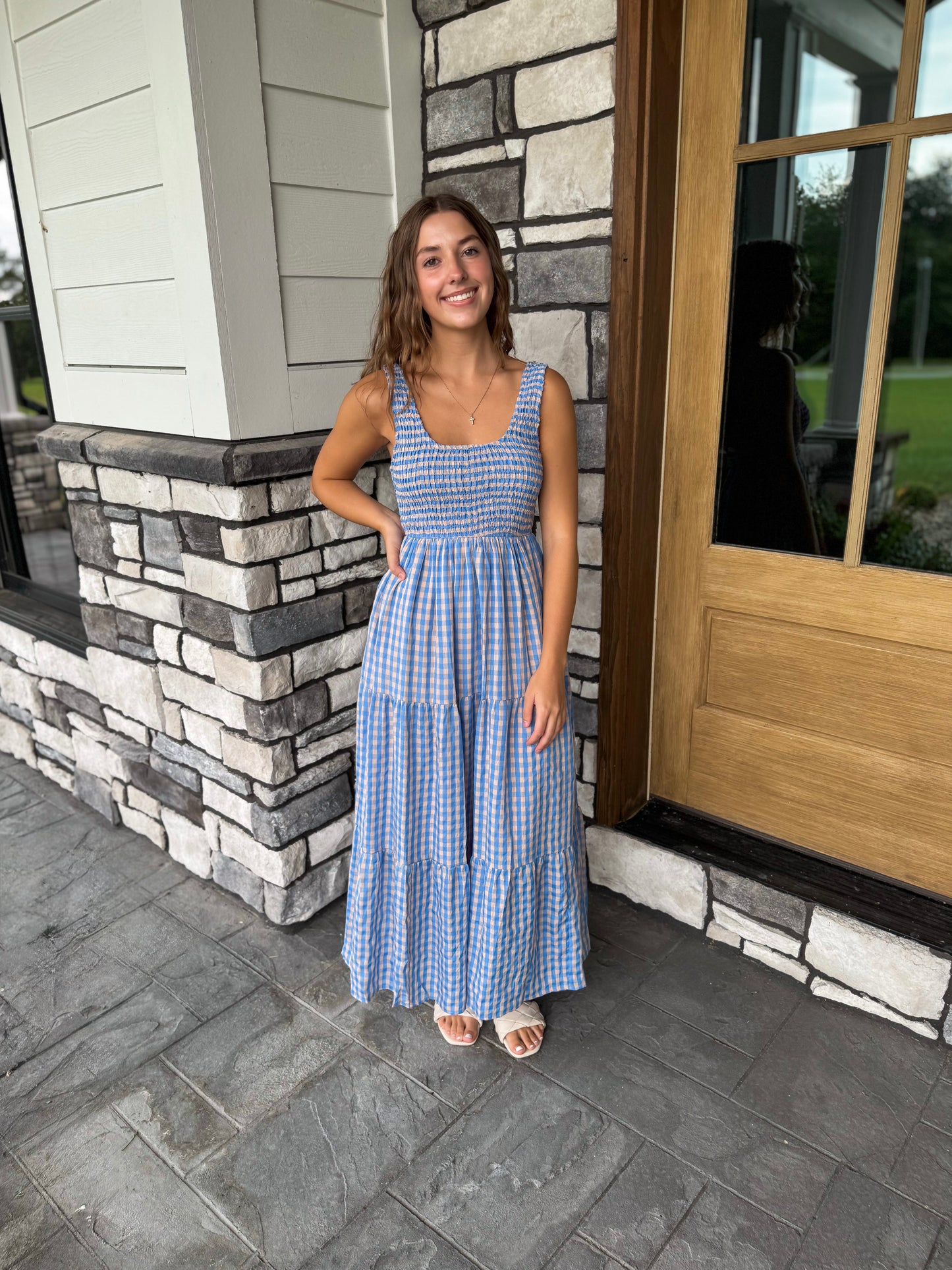 Melanie Blue & Peach Smocked Bodice Gingham Maxi Dress