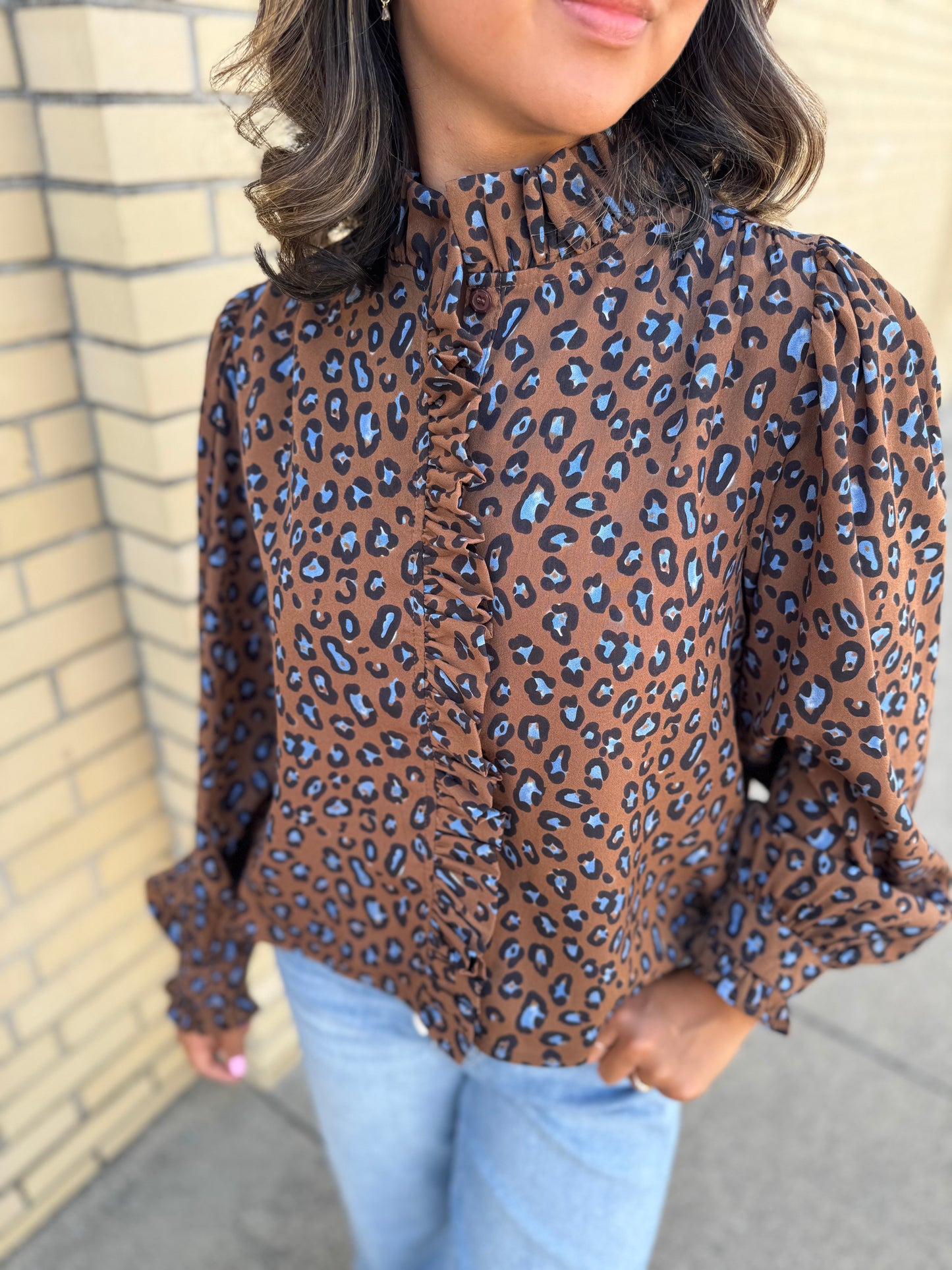 Brielle Brown & Blue Leopard Print Blouse W/ Ruffle Details