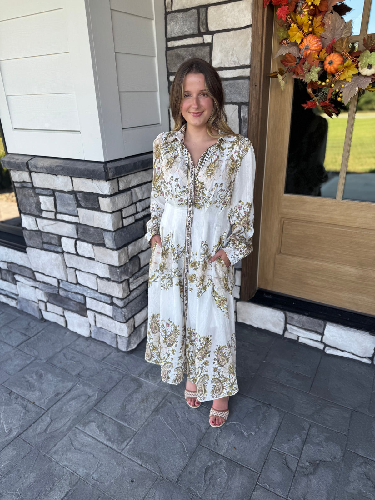 Mabel Olive Paisley Pleated Waist Button Up Midi Dress