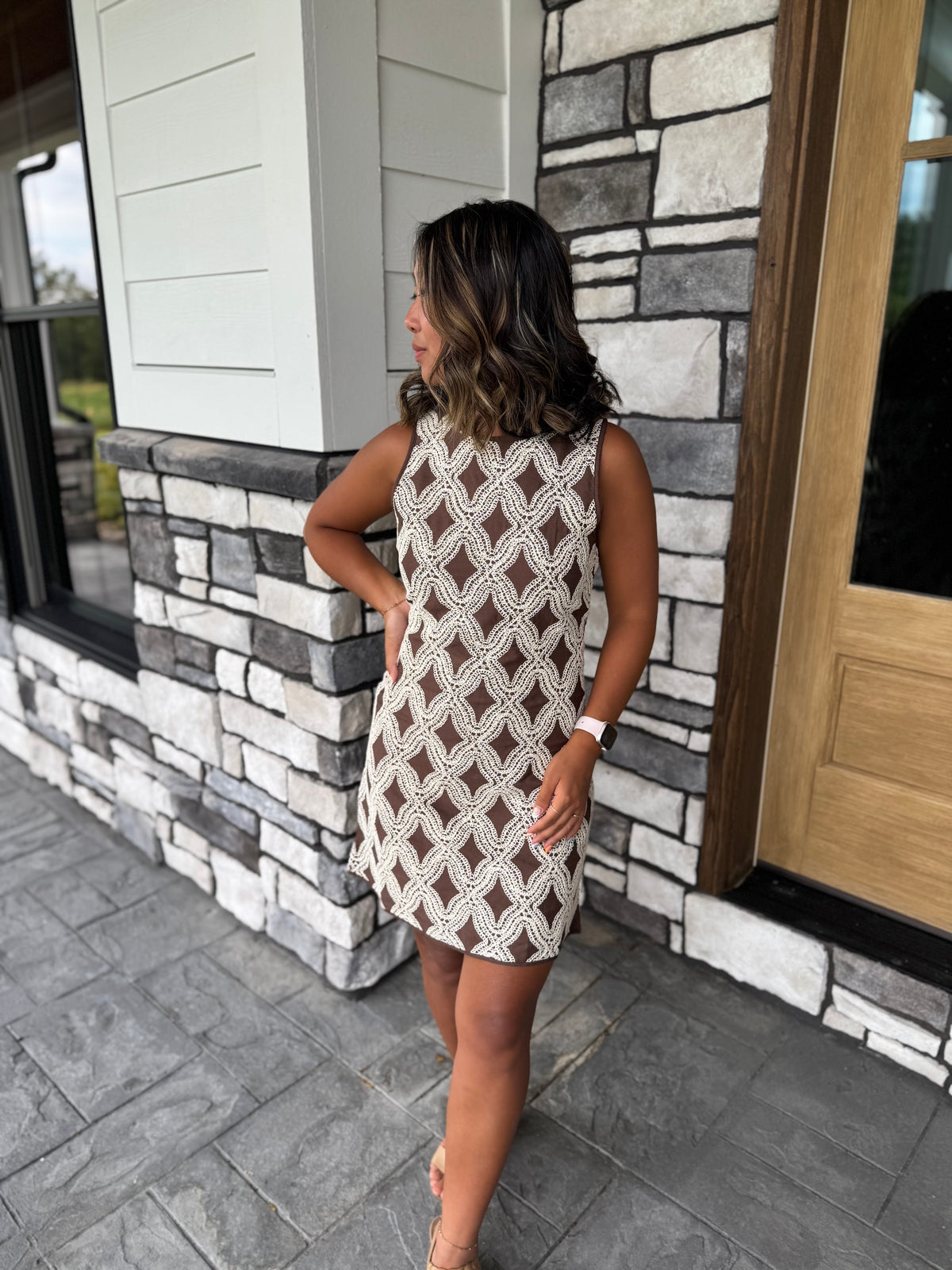 Sienna Brown & Cream Geometric Textured Mini Dress