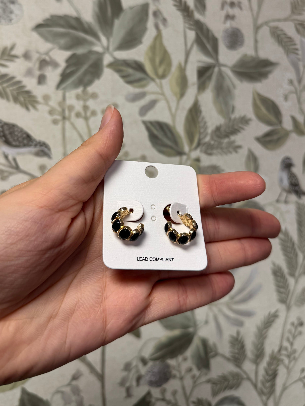 Small Black Jewel Inlay Gold Hoop Earrings