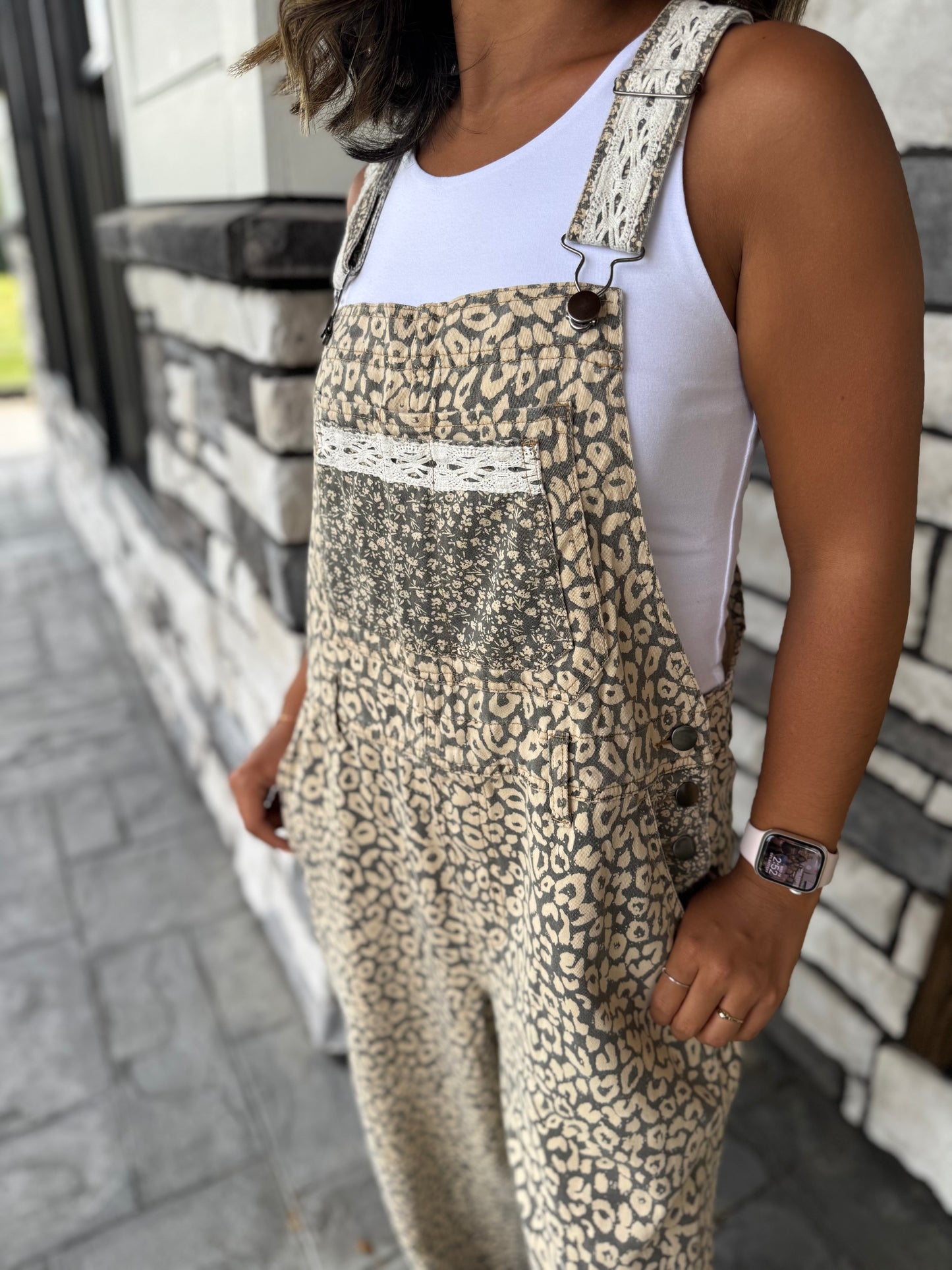 Emery Gray & Cream Leopard Print Washed Twill Overalls