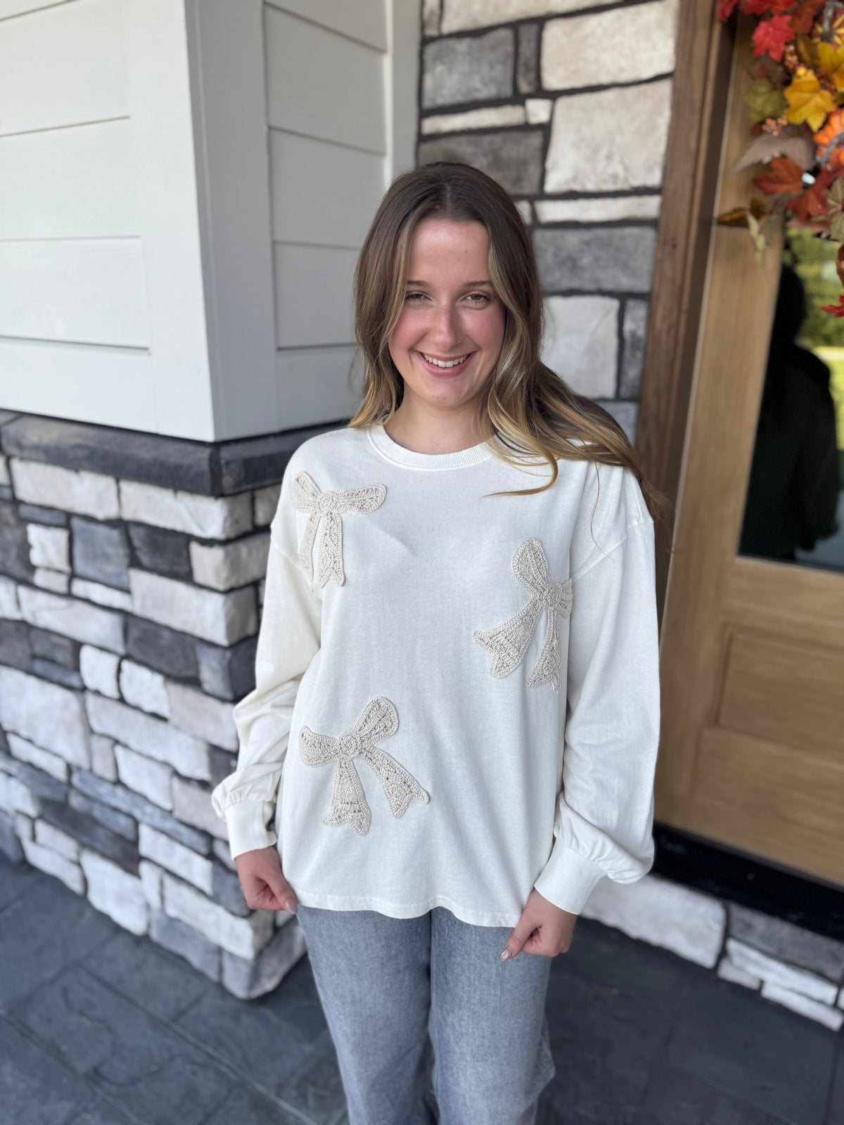 Shelly Ecru Crocheted Bow Patch Terry Pullover