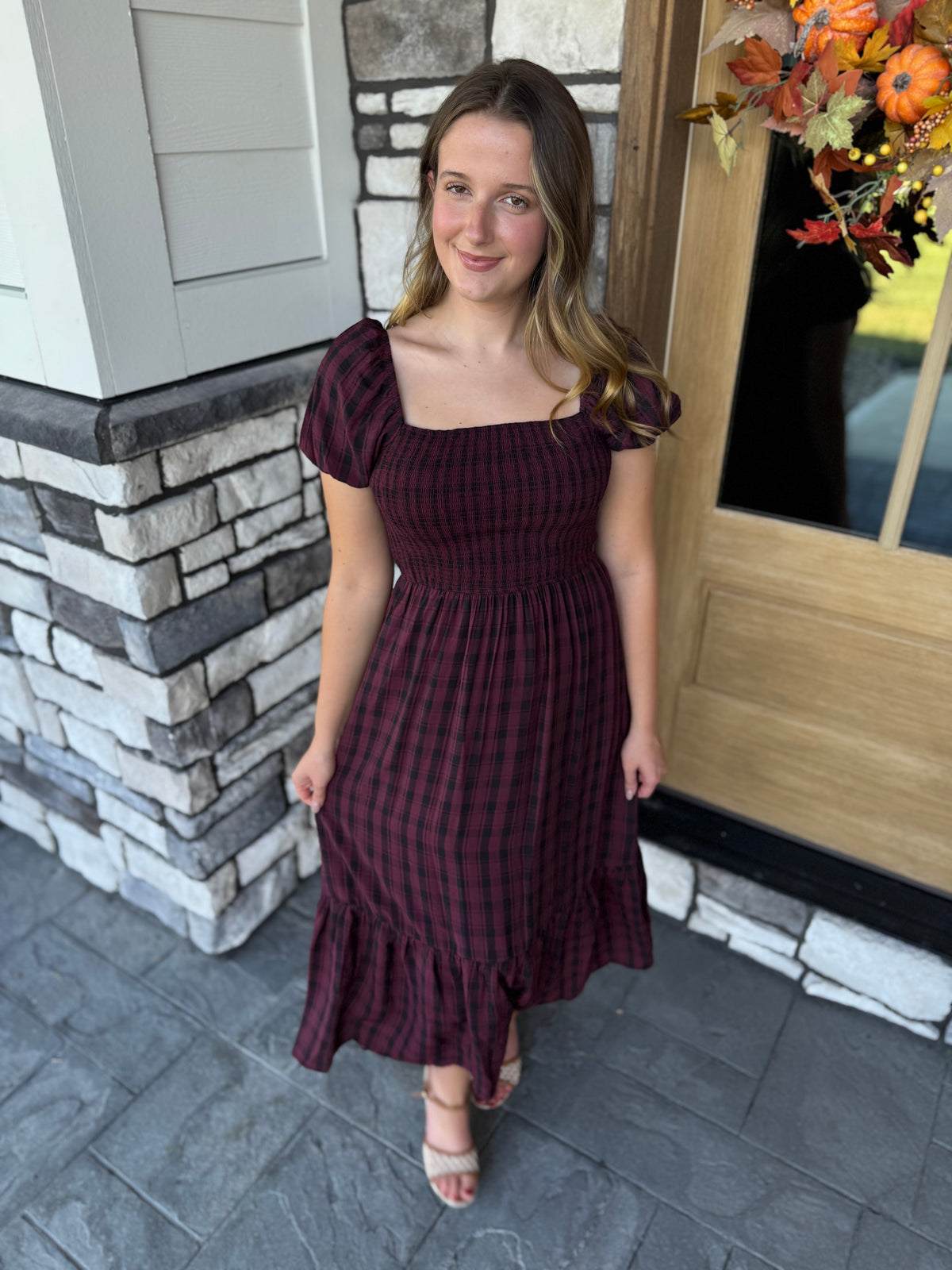 Noelle Burgundy Plaid Smocked Midi Dress